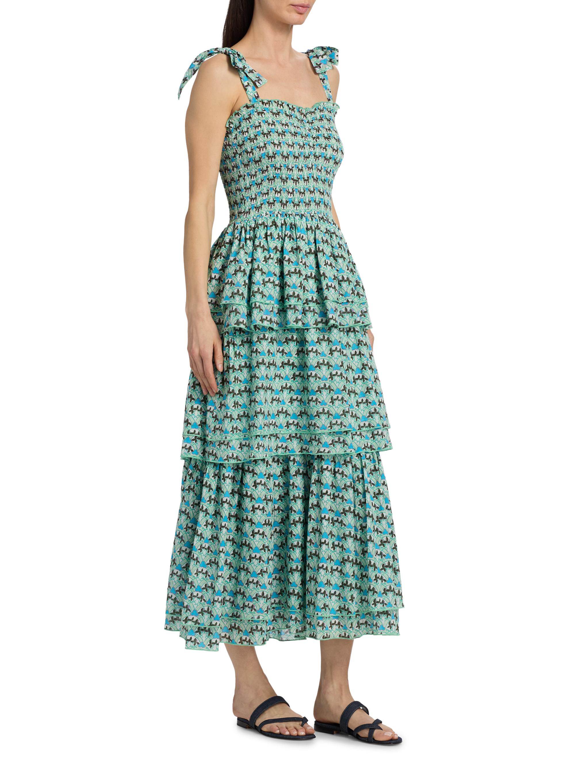 Ro's Garden Women's Spencer Printed Cotton Smocked Tiered Dress - Blue Zen | Thumbnail 4