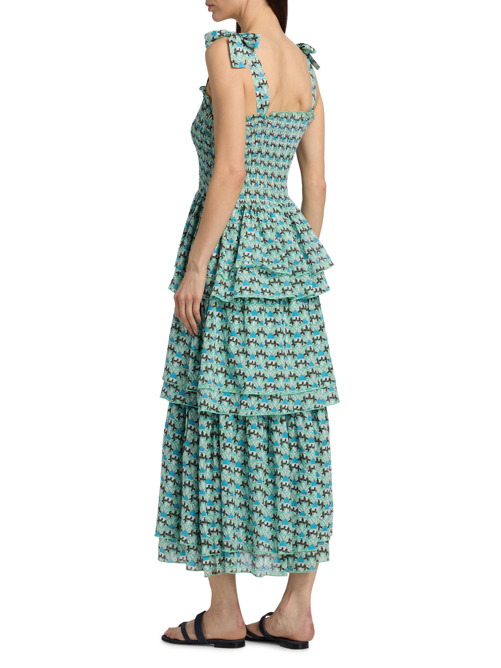 Ro's Garden Women's Spencer Printed Cotton Smocked Tiered Dress - Blue Zen | Thumbnail 5