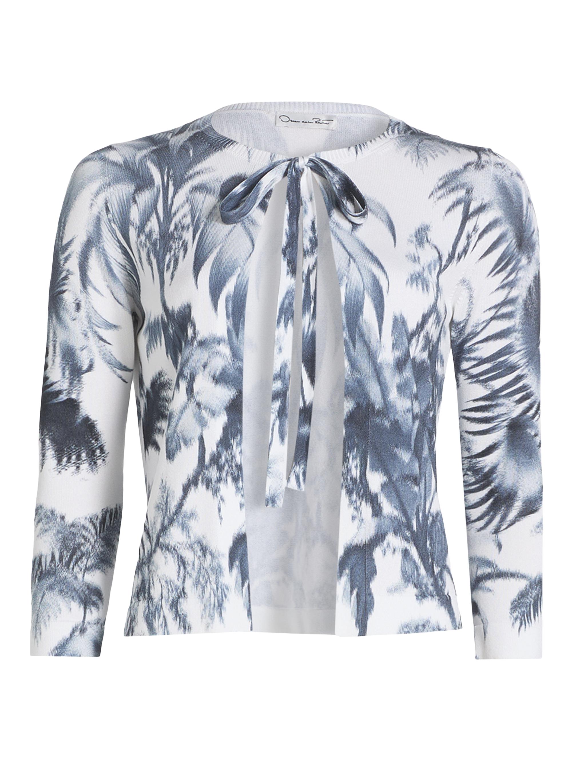 Oscar de la Renta Women's Palm Tree Cotton-Blend Tieneck Cardigan - Navy White | Thumbnail 8