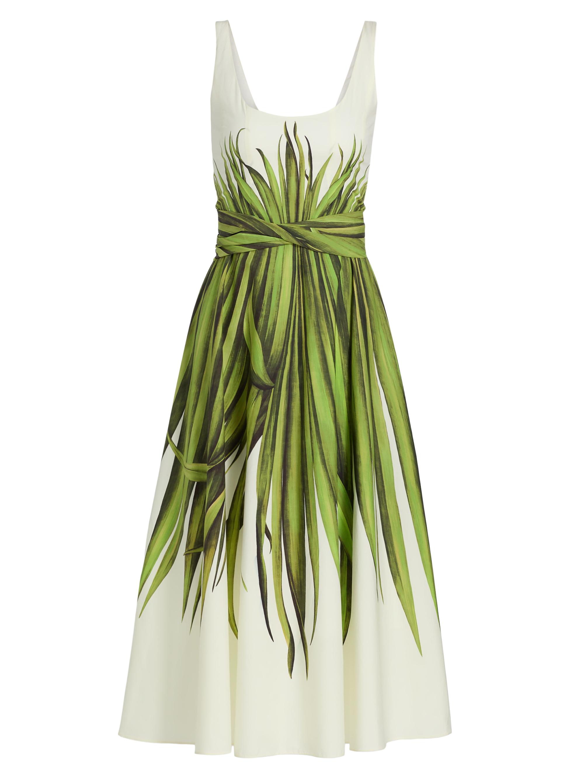 Oscar de la Renta Women's Palm Leaves Cotton Poplin Midi-Dress - Green Ecru