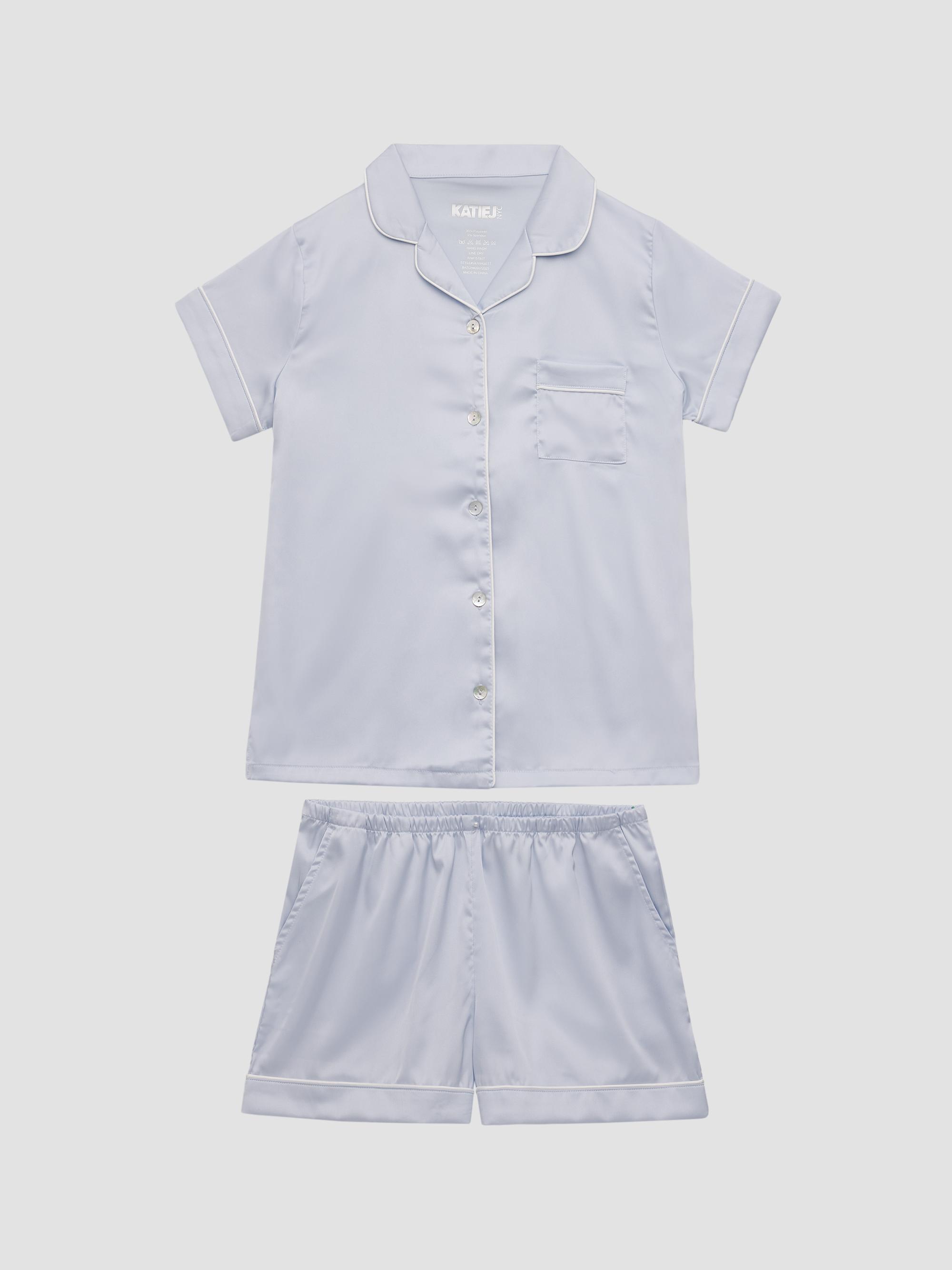 KatieJ NYC Girl's Olivia Satin Lounge Shirt & Shorts Set - Baby Blue And White | Thumbnail 4