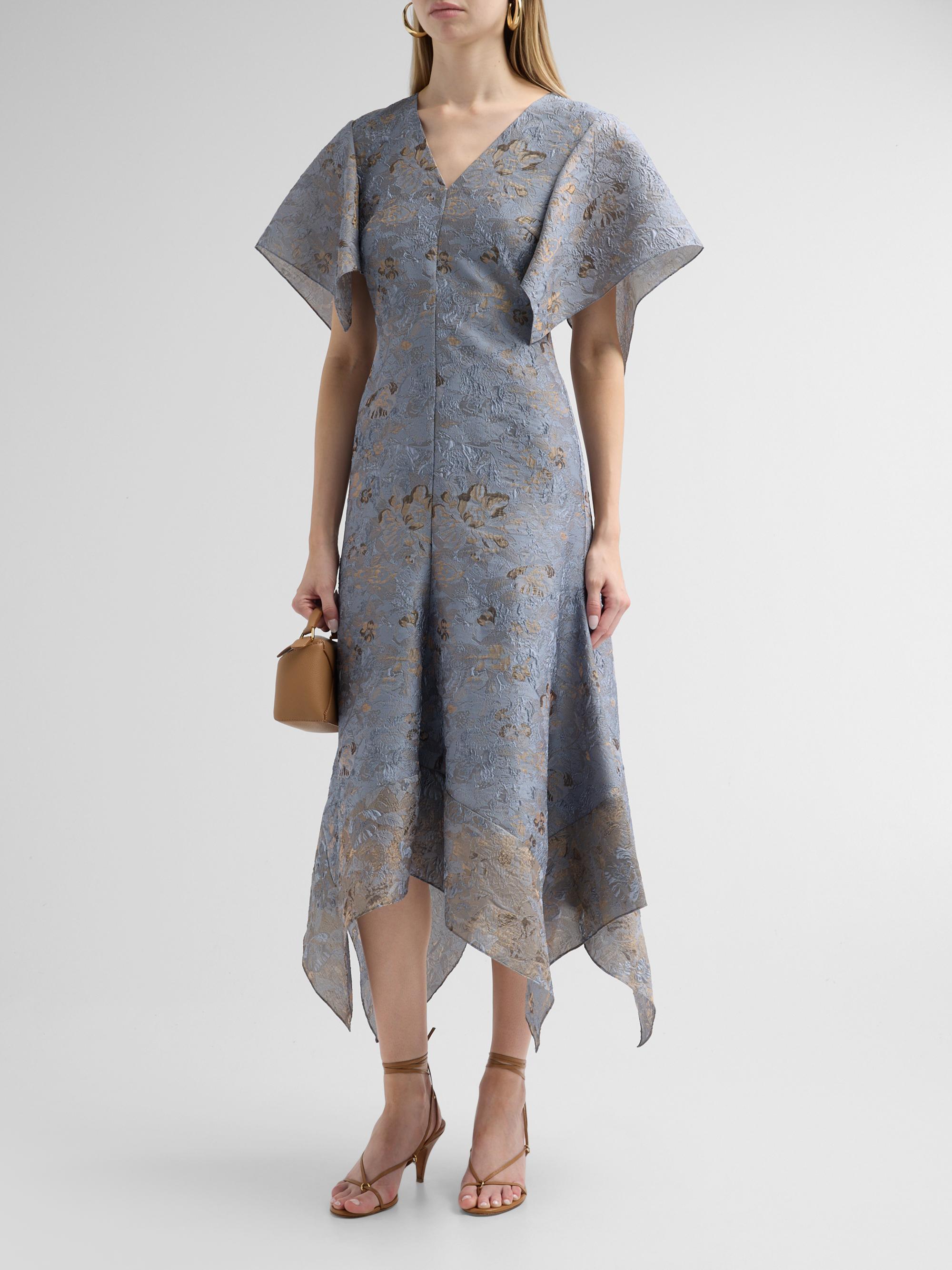 Blue and gold black tie wedding guest dress