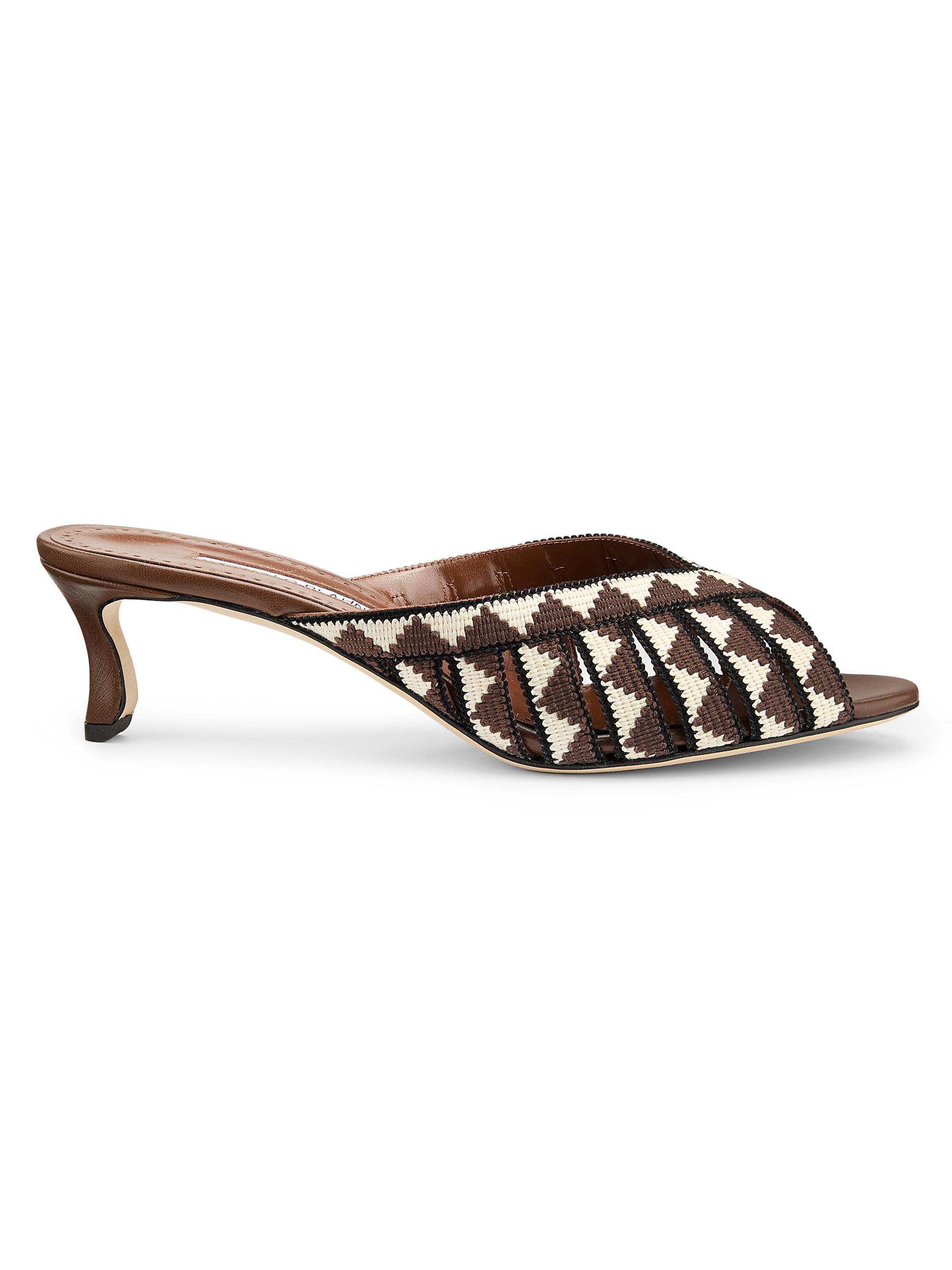 Manolo Blahnik Women's Trofesamu Woven Kitten-Heel Sandals - White Dark Brown - Women's Clothing