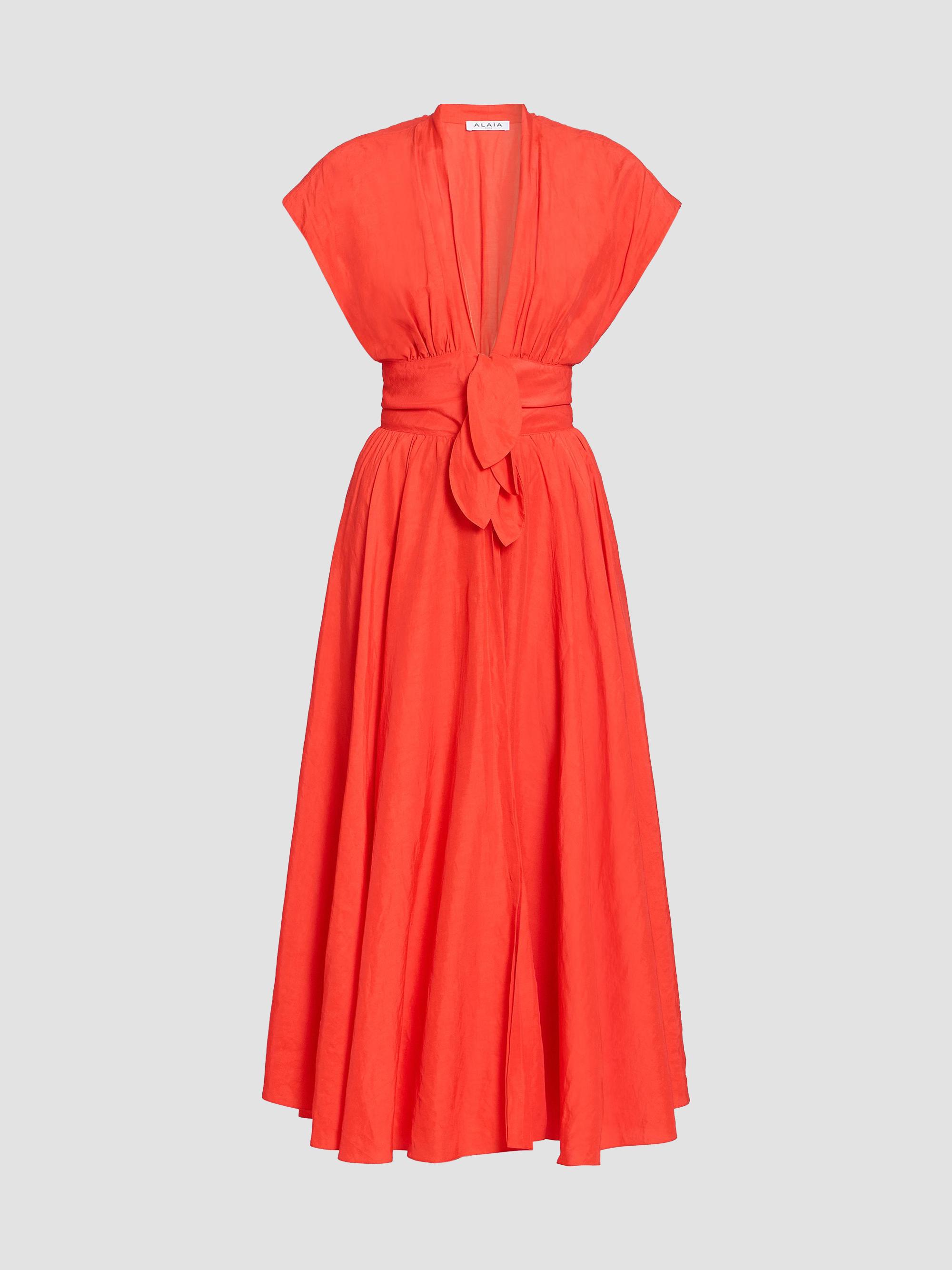 ALAIA Women's Plunging Knotted Linen-Blend Midi Dress - Rouge Vermillon