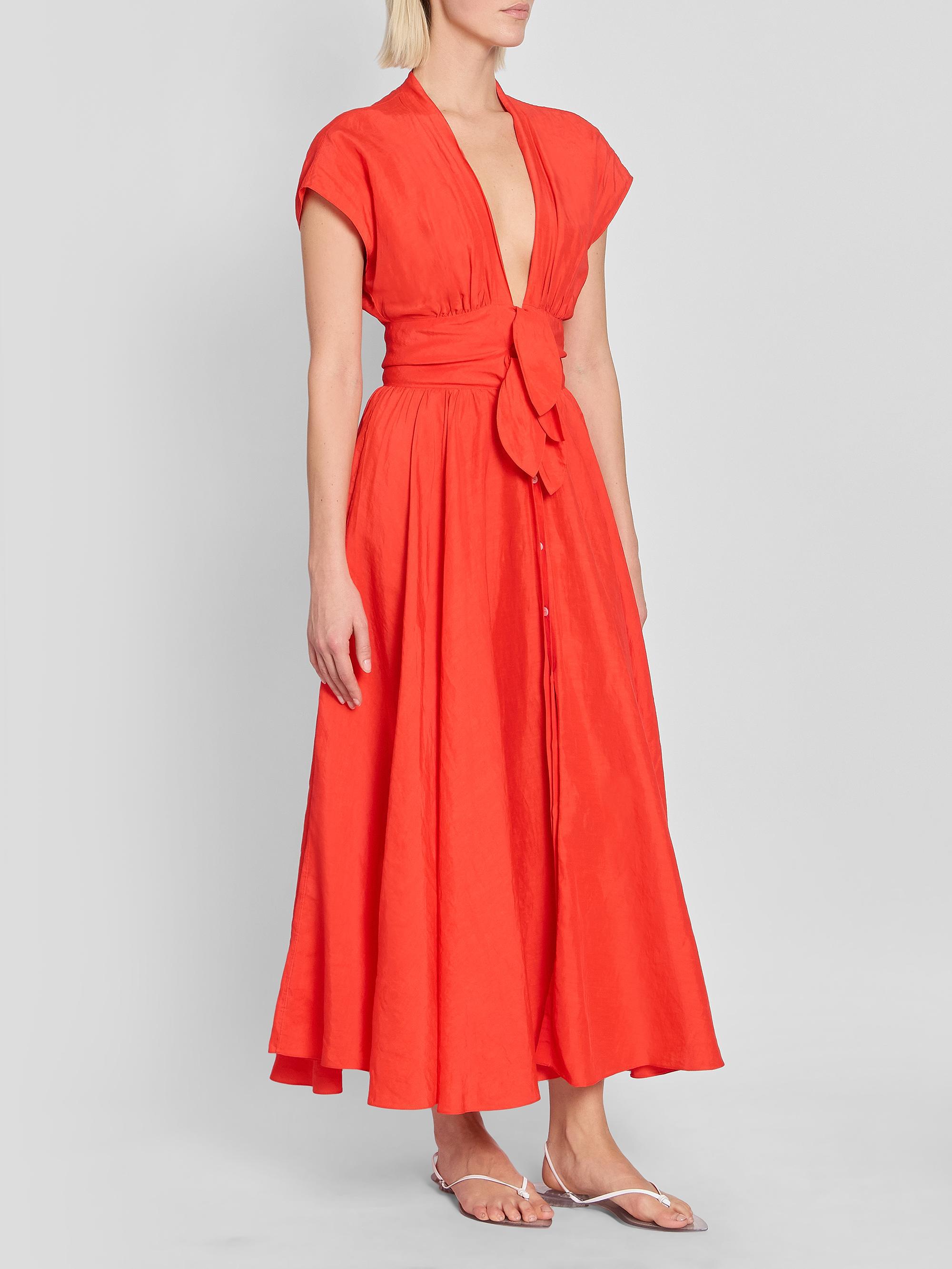 ALAIA Women's Plunging Knotted Linen-Blend Midi Dress - Rouge Vermillon | Thumbnail 4