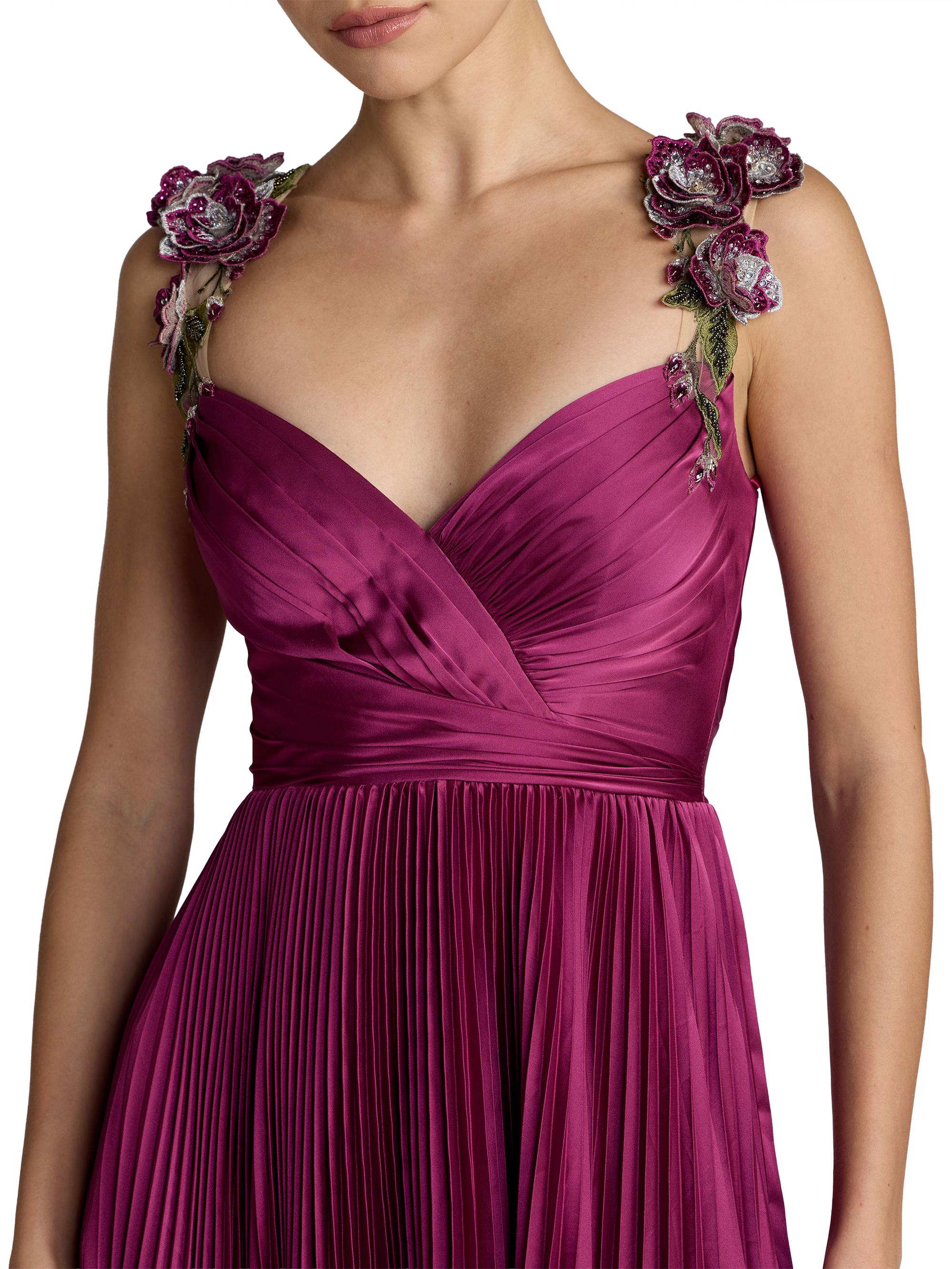 Mac Duggal Women's Petite Charmeuse Floral Strap A-Line Gown - Magenta | Thumbnail 3