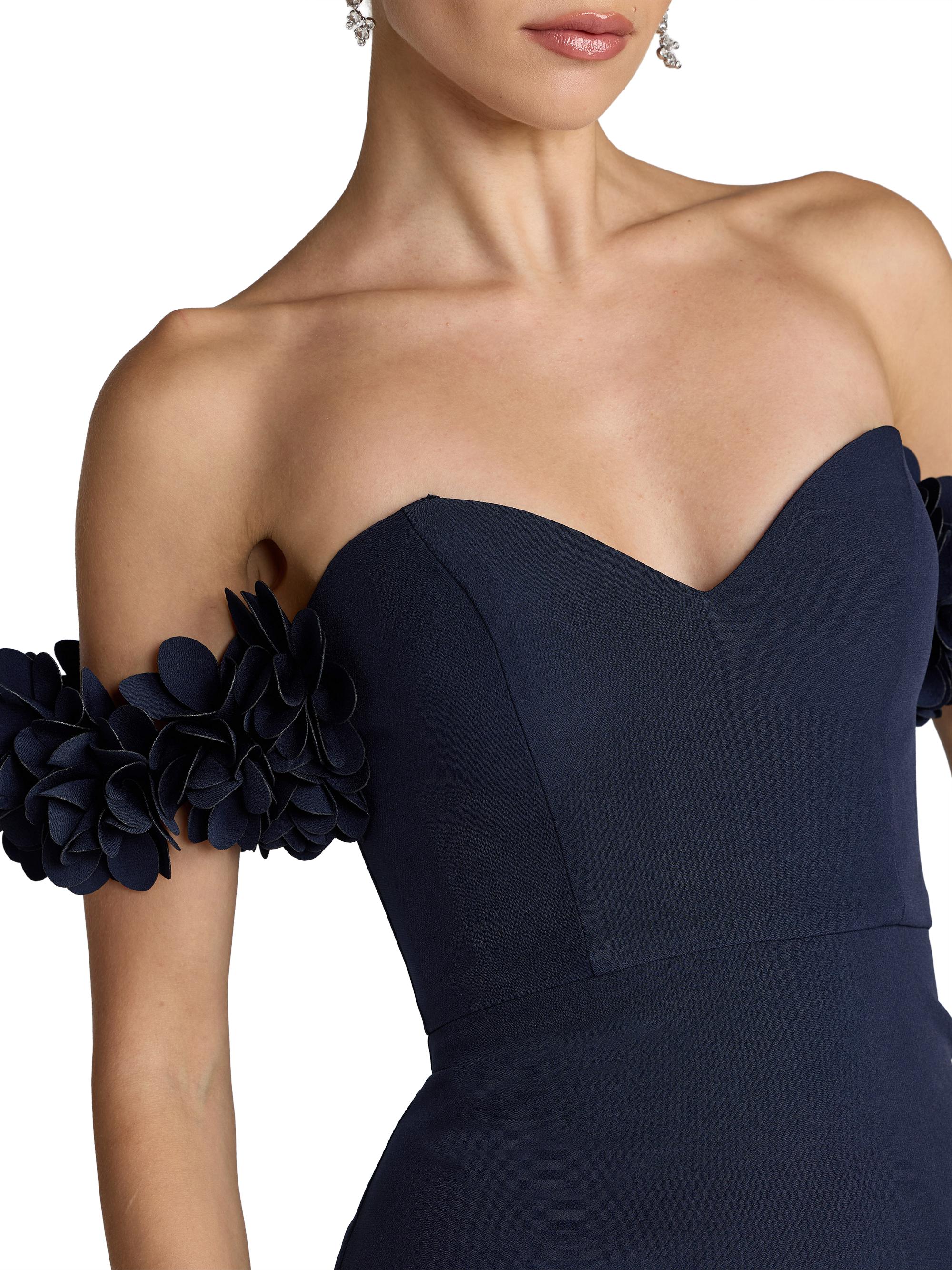 Mac Duggal Women's Petite 3D Floral Crepe Off-the-Shoulder Mermaid Gown - Midnight | Thumbnail 3