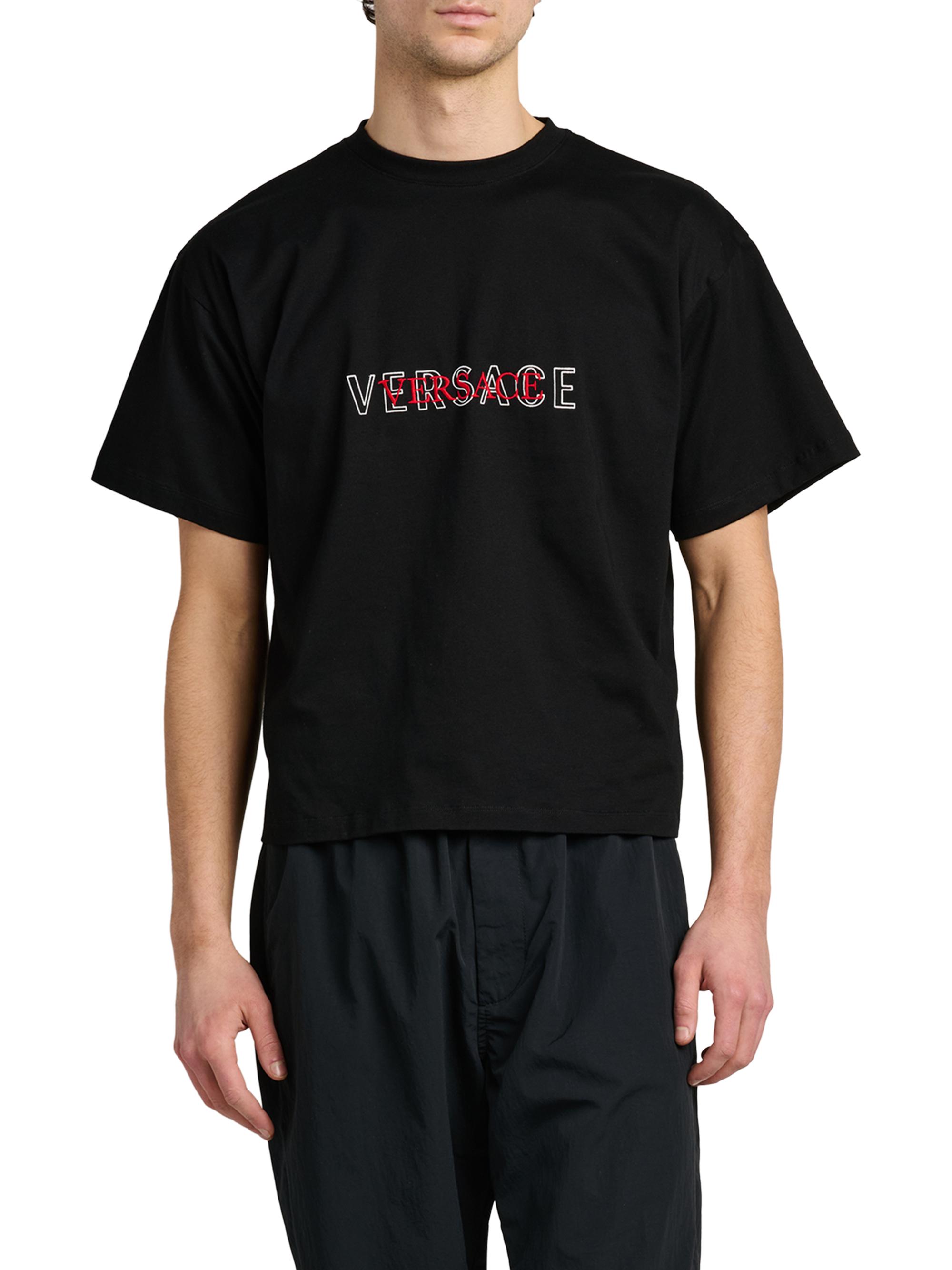 Versace Men's Logo-Embroidered Cotton T-Shirt - Black | Thumbnail 3