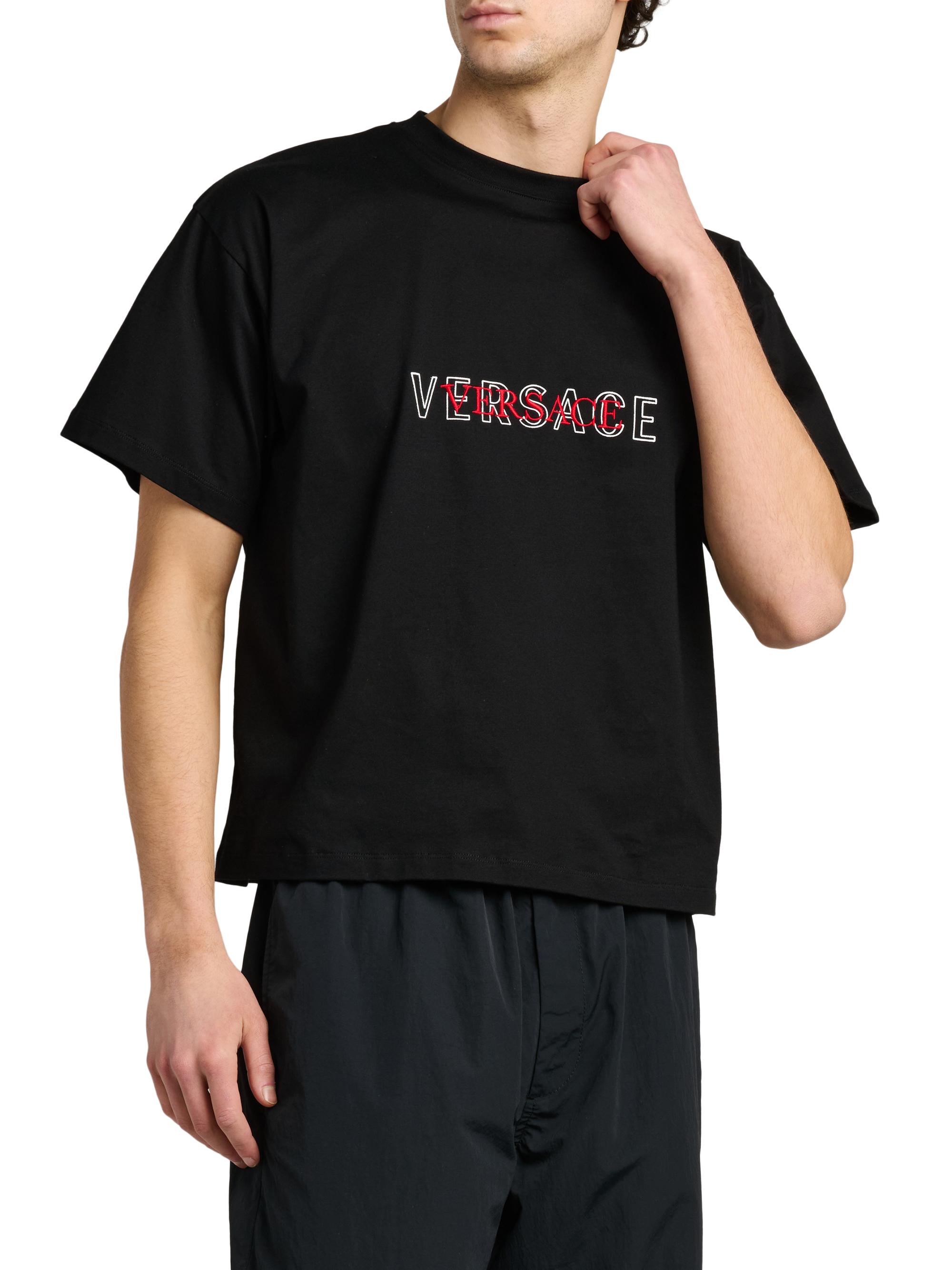 Versace Men's Logo-Embroidered Cotton T-Shirt - Black | Thumbnail 4