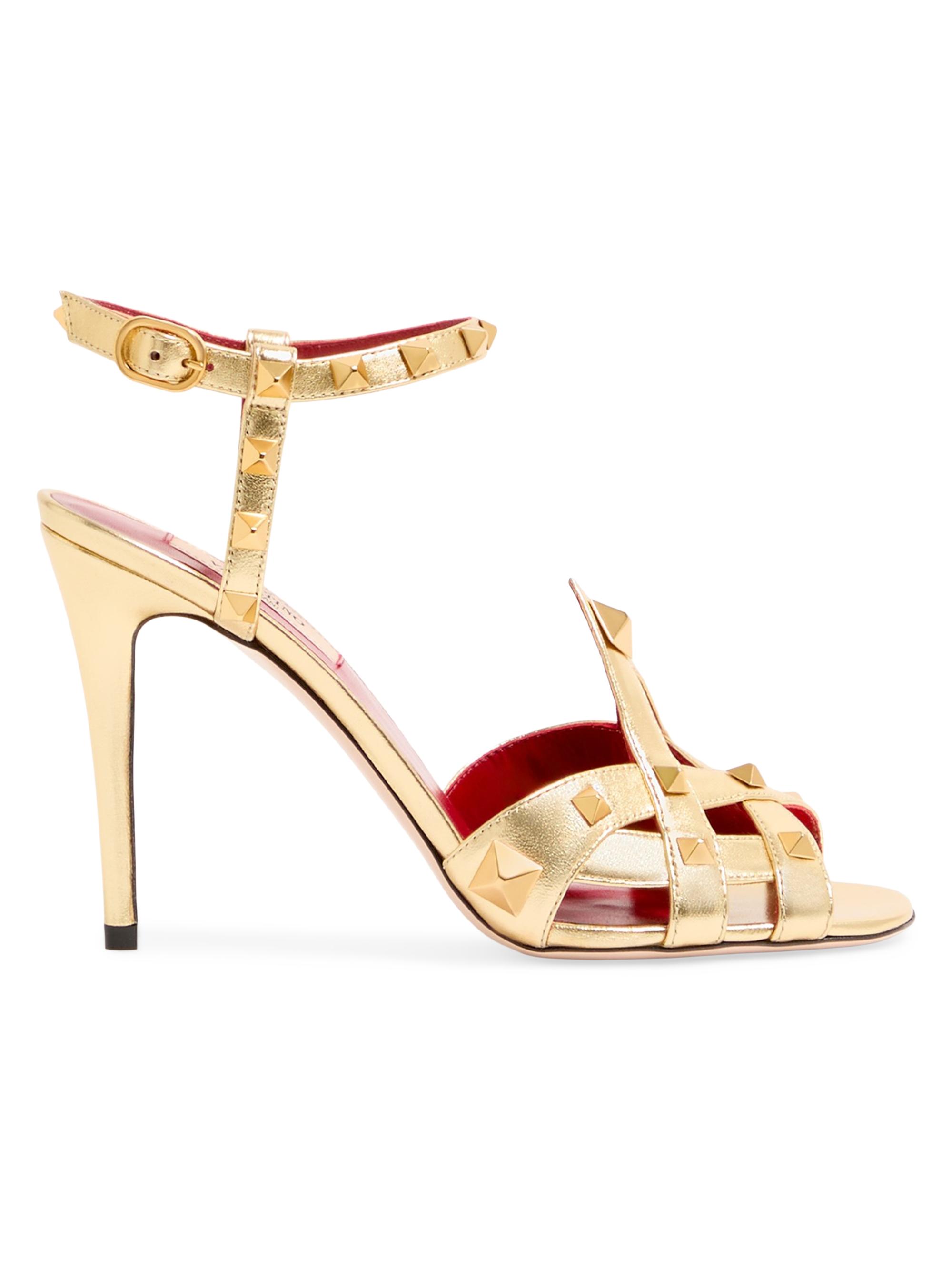 Valentino Garavani Women's Studdy 100MM Sandals in Laminated Nappa - Antique Brass
