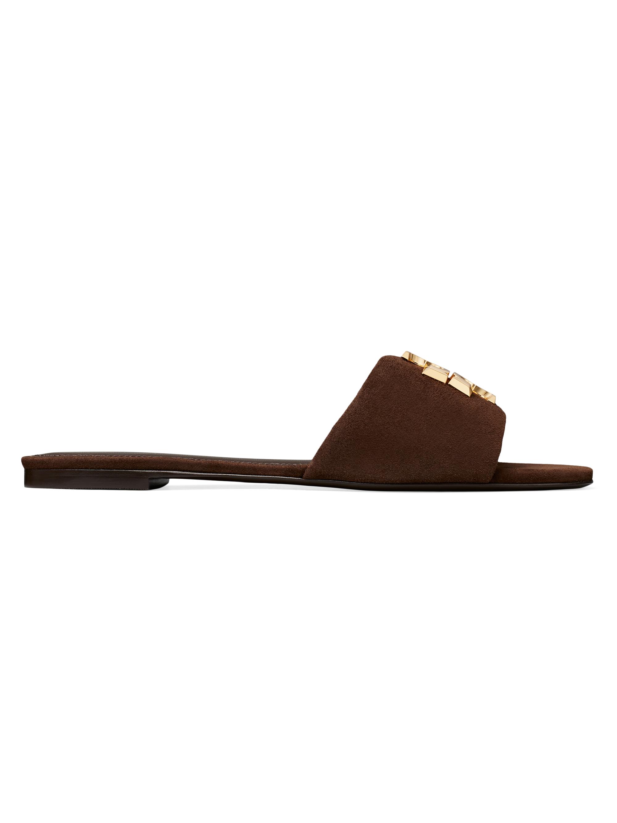 Tory Burch Women's Eleanor Double T Logo Leather Slide Sandals - Dark Cocoa Gold