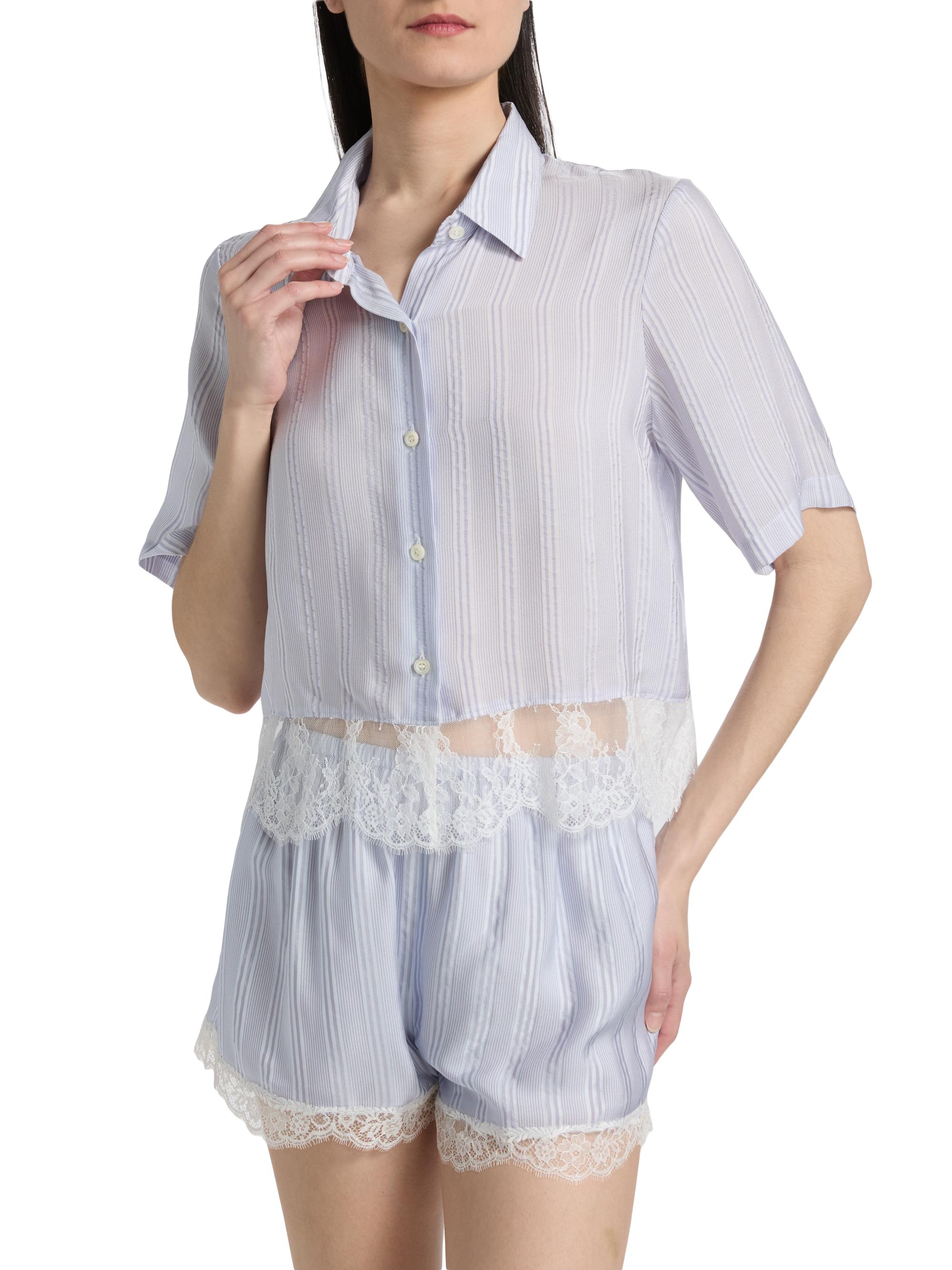FRAME Women's Striped Silk Lace Crop Shirt - Chambray Multi | Thumbnail 3