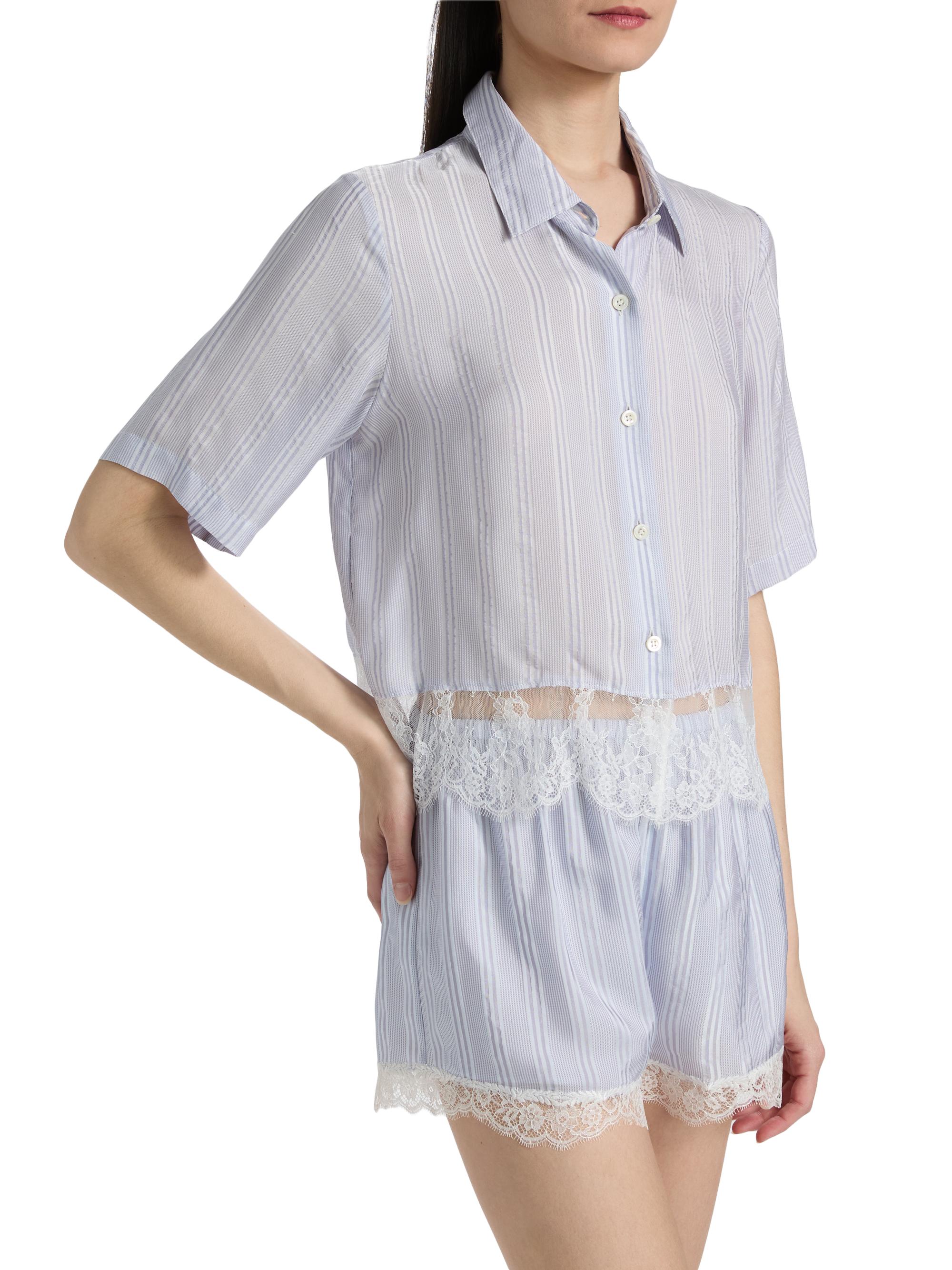 FRAME Women's Striped Silk Lace Crop Shirt - Chambray Multi | Thumbnail 4
