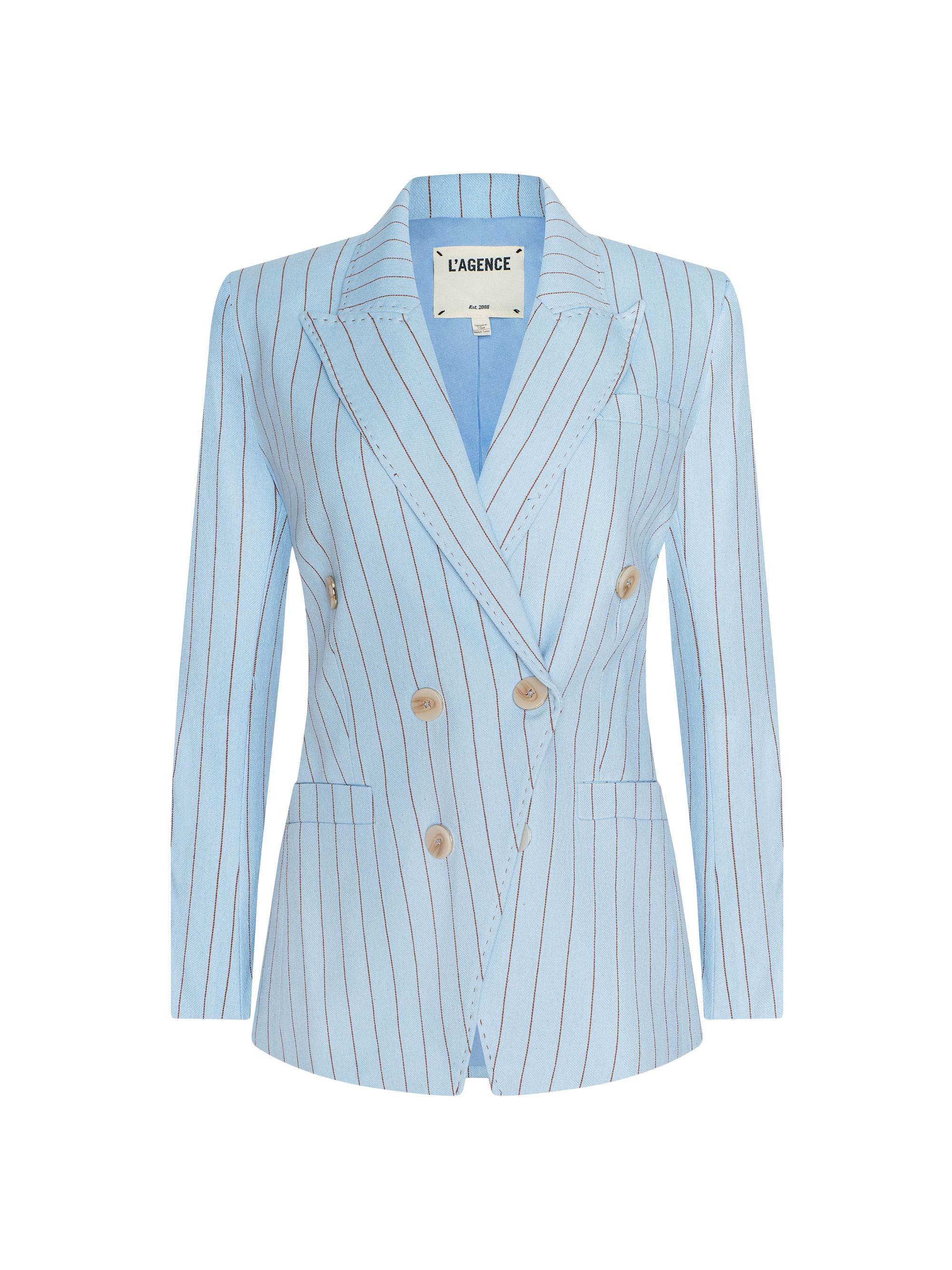 L'AGENCE Women's Kyomi Pinstriped Double-Breasted Blazer - Light Blue Sienna Pinstripe