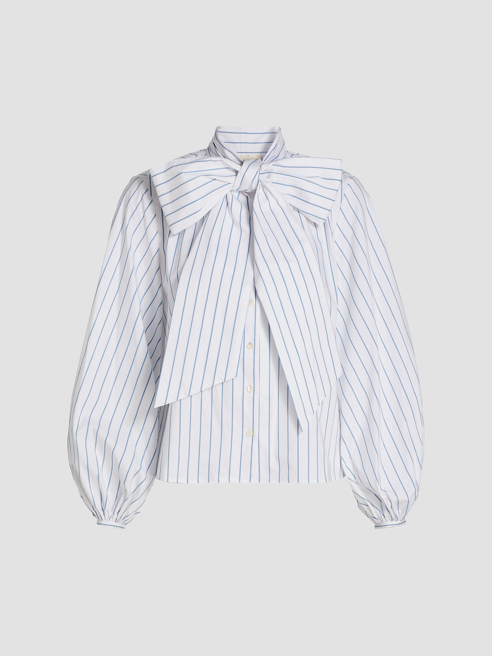 L'AGENCE Women's Deon Tie Neck Blouse - White Blue Stripe
