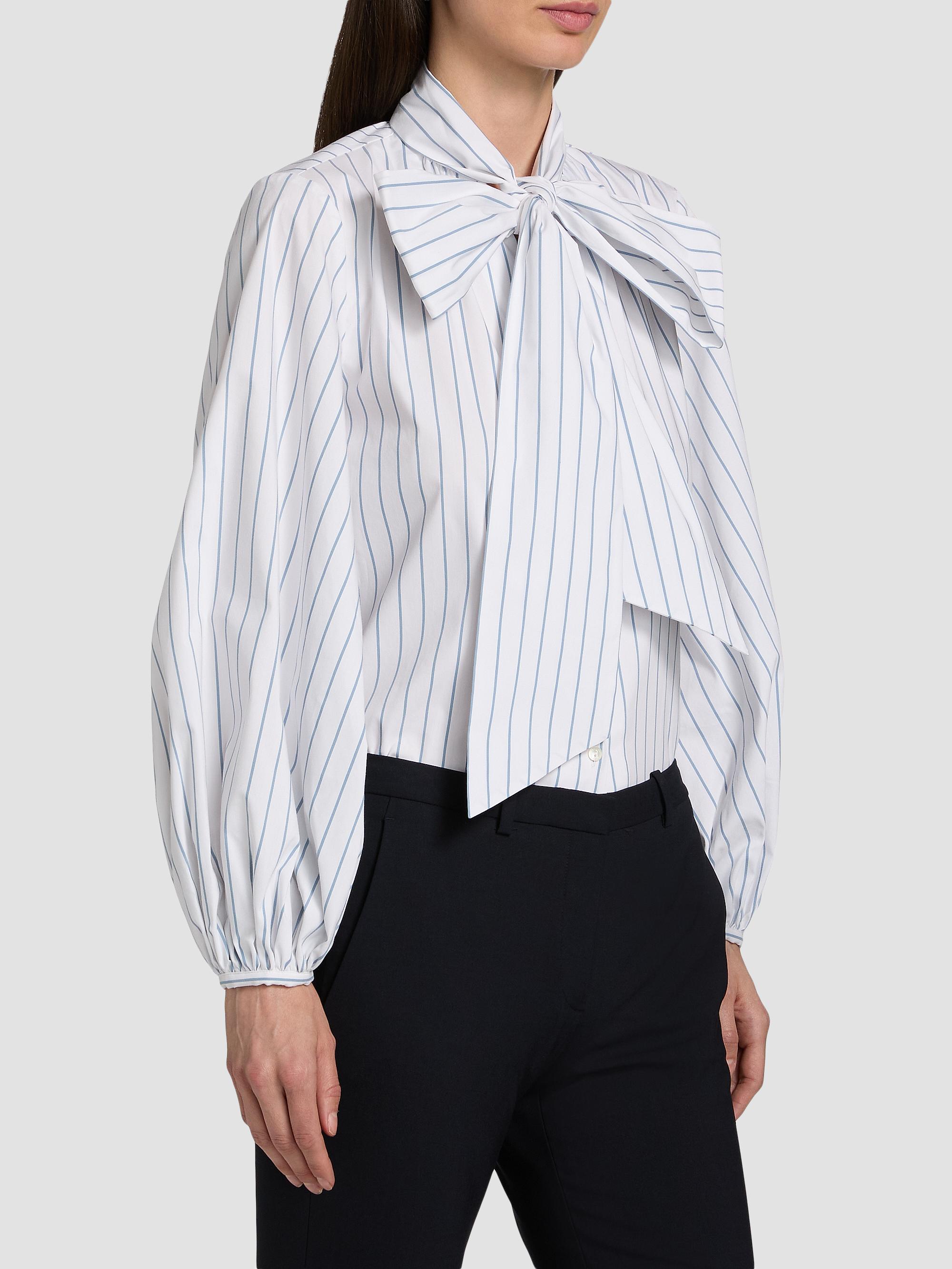 L'AGENCE Women's Deon Tie Neck Blouse - White Blue Stripe | Thumbnail 4