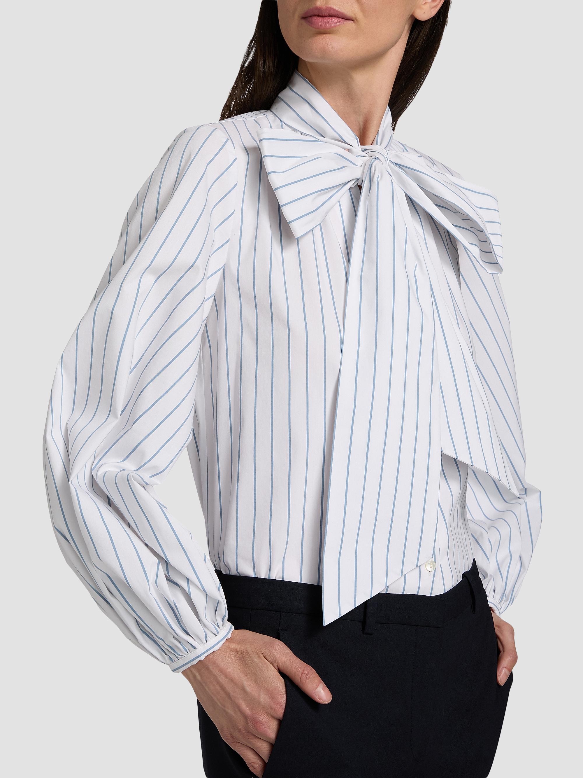 L'AGENCE Women's Deon Tie Neck Blouse - White Blue Stripe | Thumbnail 6