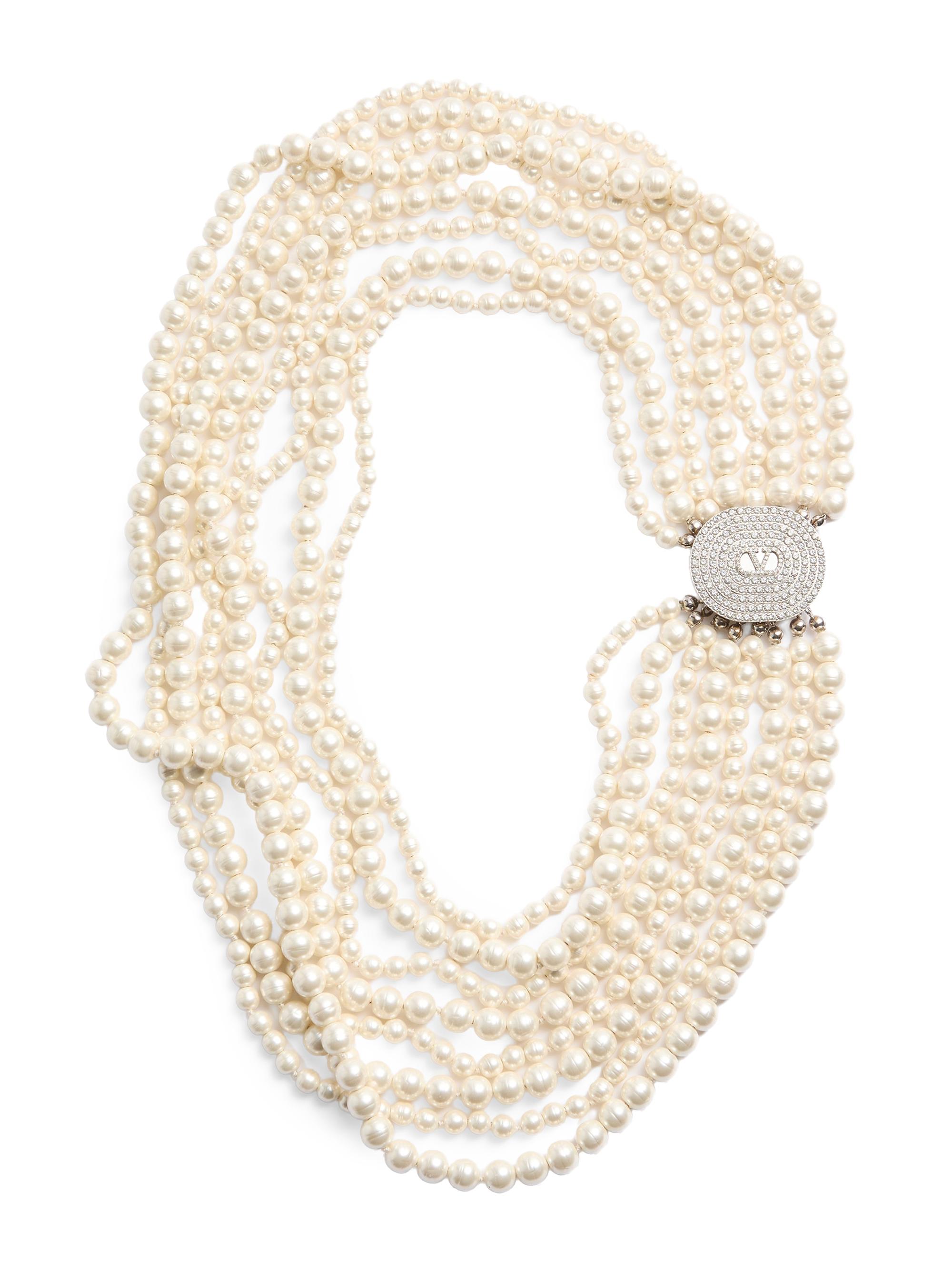 Valentino Garavani Women's Ovalette Necklace in Metal, Baroque Glass Pearls, and Swarovski Crystals - Cream Crystal - Women's Jewelry And Watches
