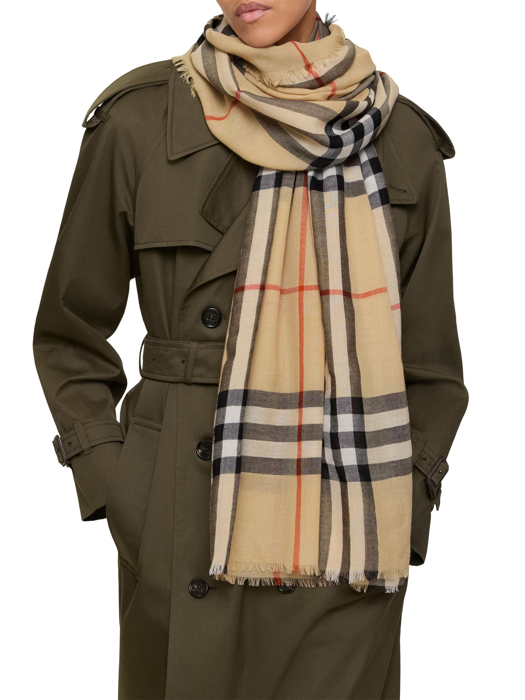 Burberry Women's Fringed Check Wool Scarf - Sand - Women's Clothing