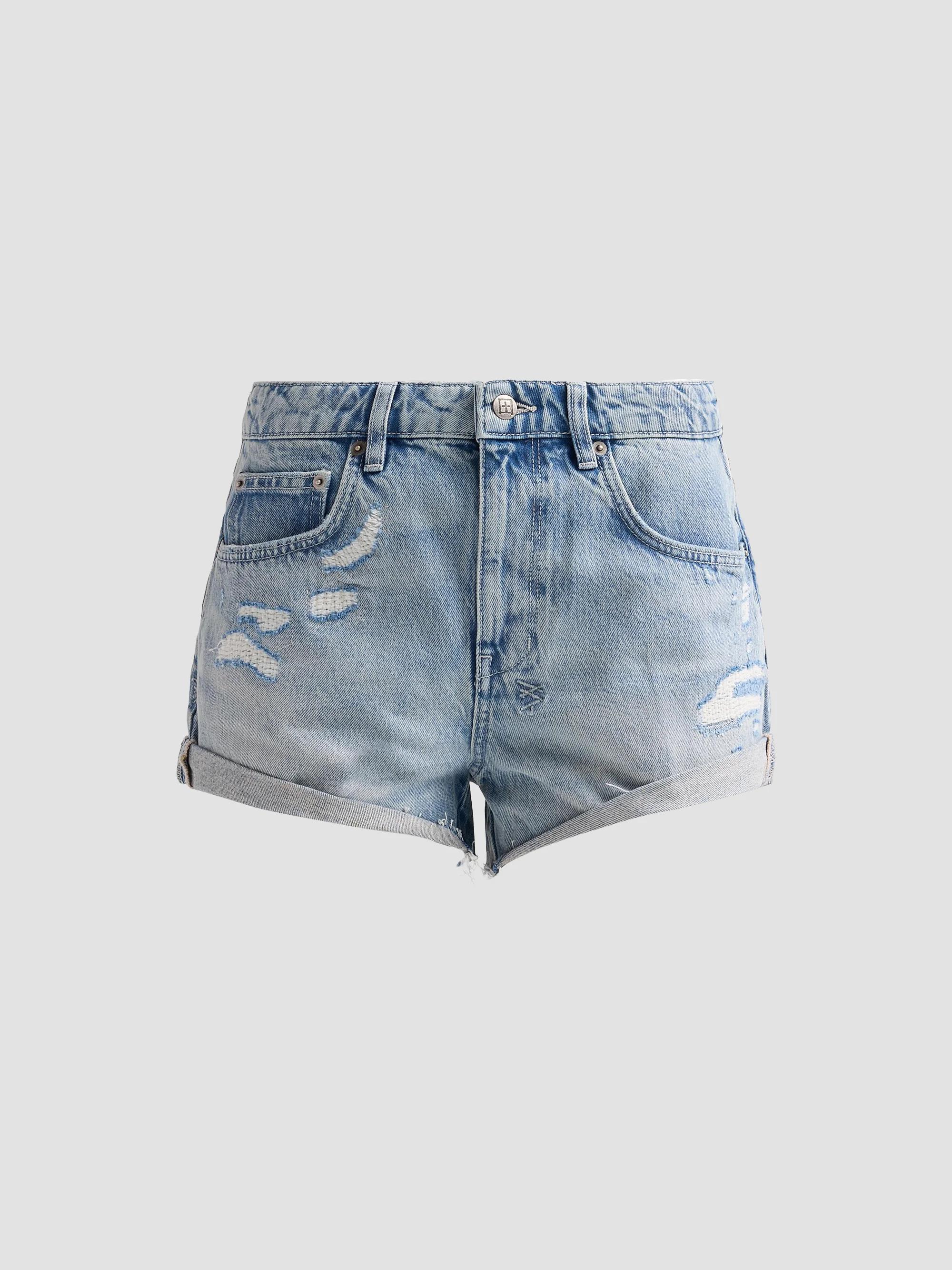 Women's Venice Distressed Denim Low-Rise Slouch Shorts - Denim - Size 29
