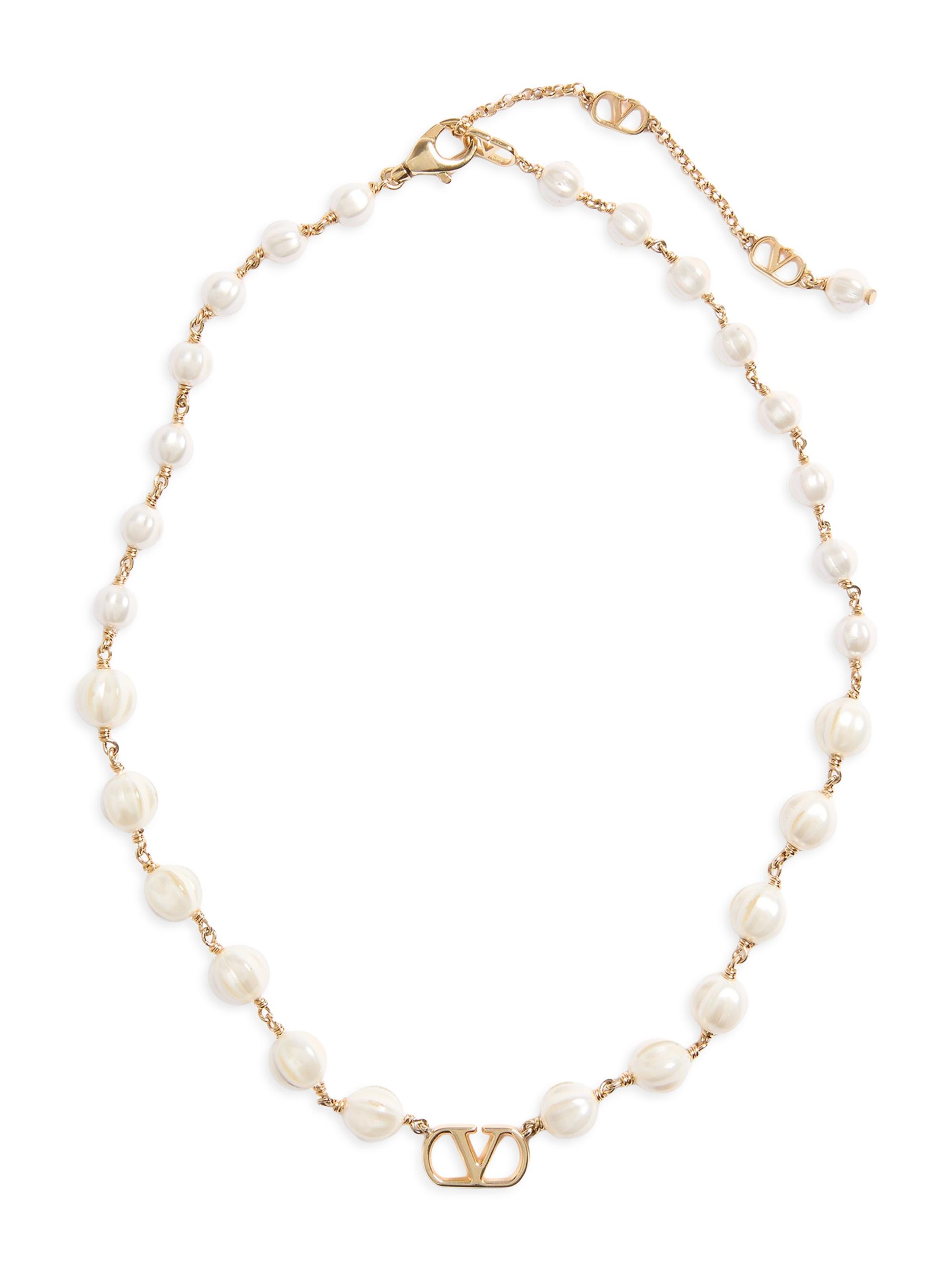 Valentino Garavani Women's VLogo Signature Necklace in Metal and Glass Beads - Gold Cream - Women's Jewelry And Watches