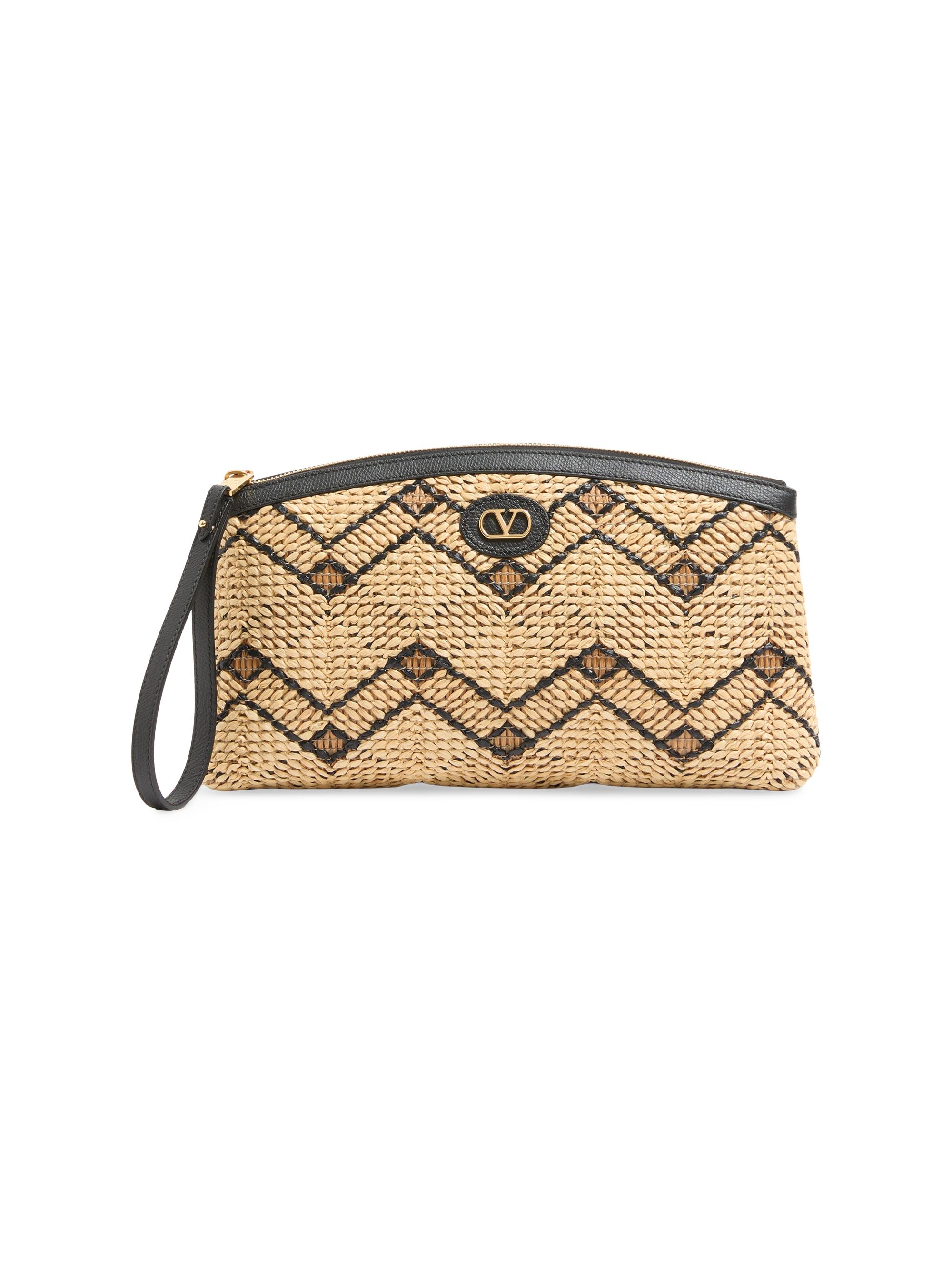 Valentino Garavani Women's Raffia Clutch Bag with Geometric Pattern - Natural Black