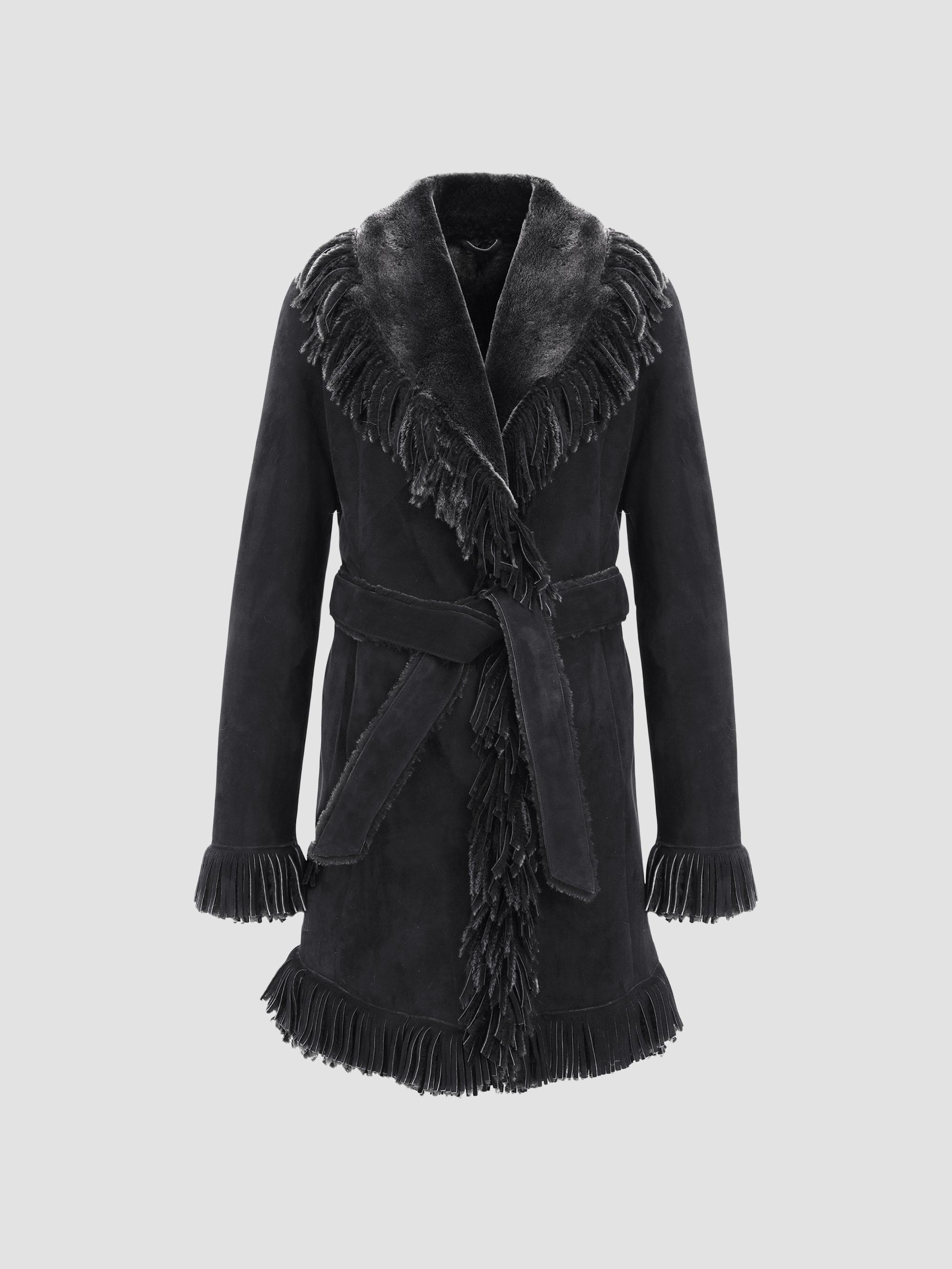 Gorski Women's Merino Shearling Lamb Stroller with Fringes - Black Brisa - Size XS