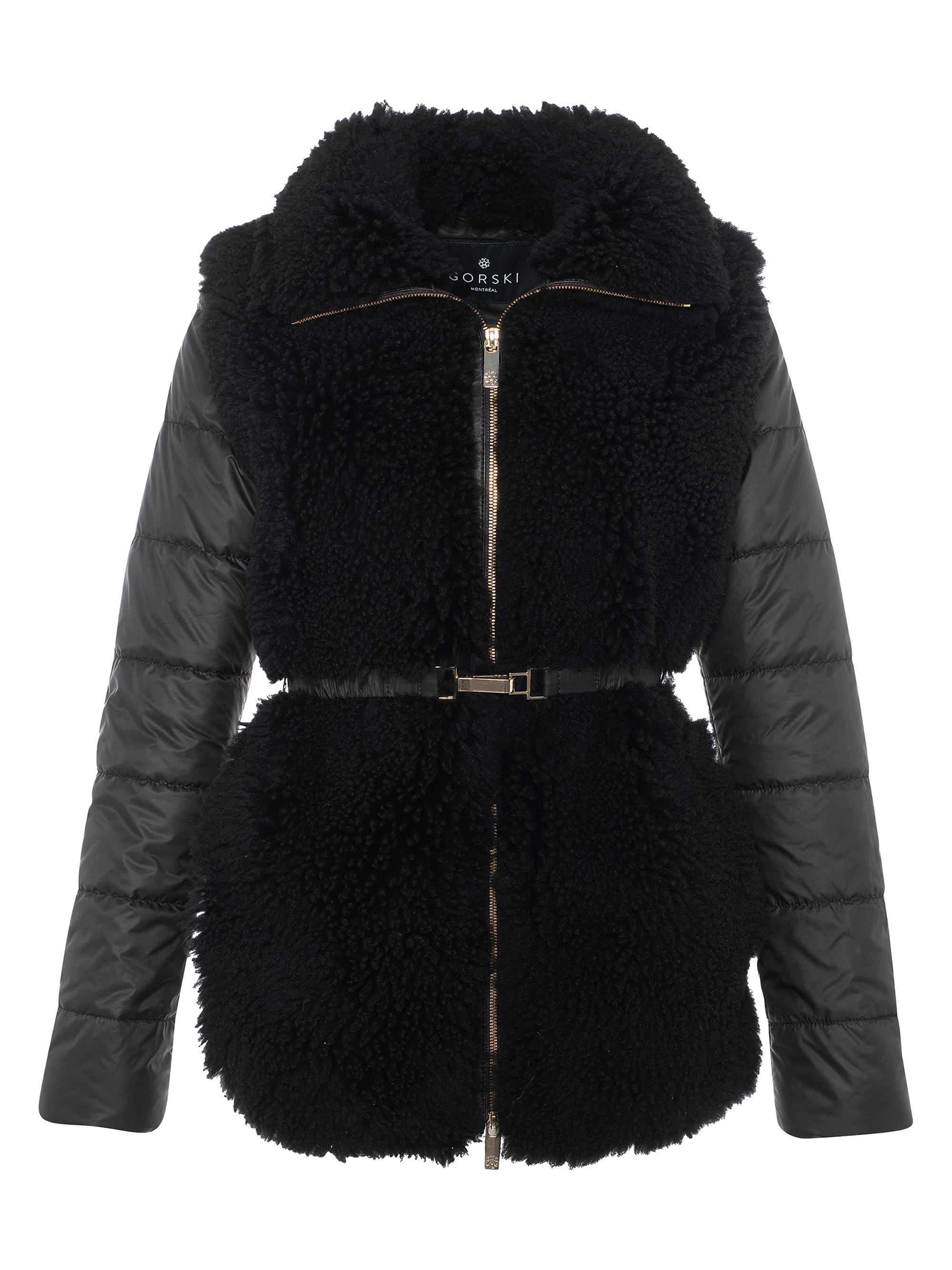 Gorski Women's Curly Shearling Lamb Jacket with Quilted Sleeves and Back, Belt - Black | Thumbnail 6