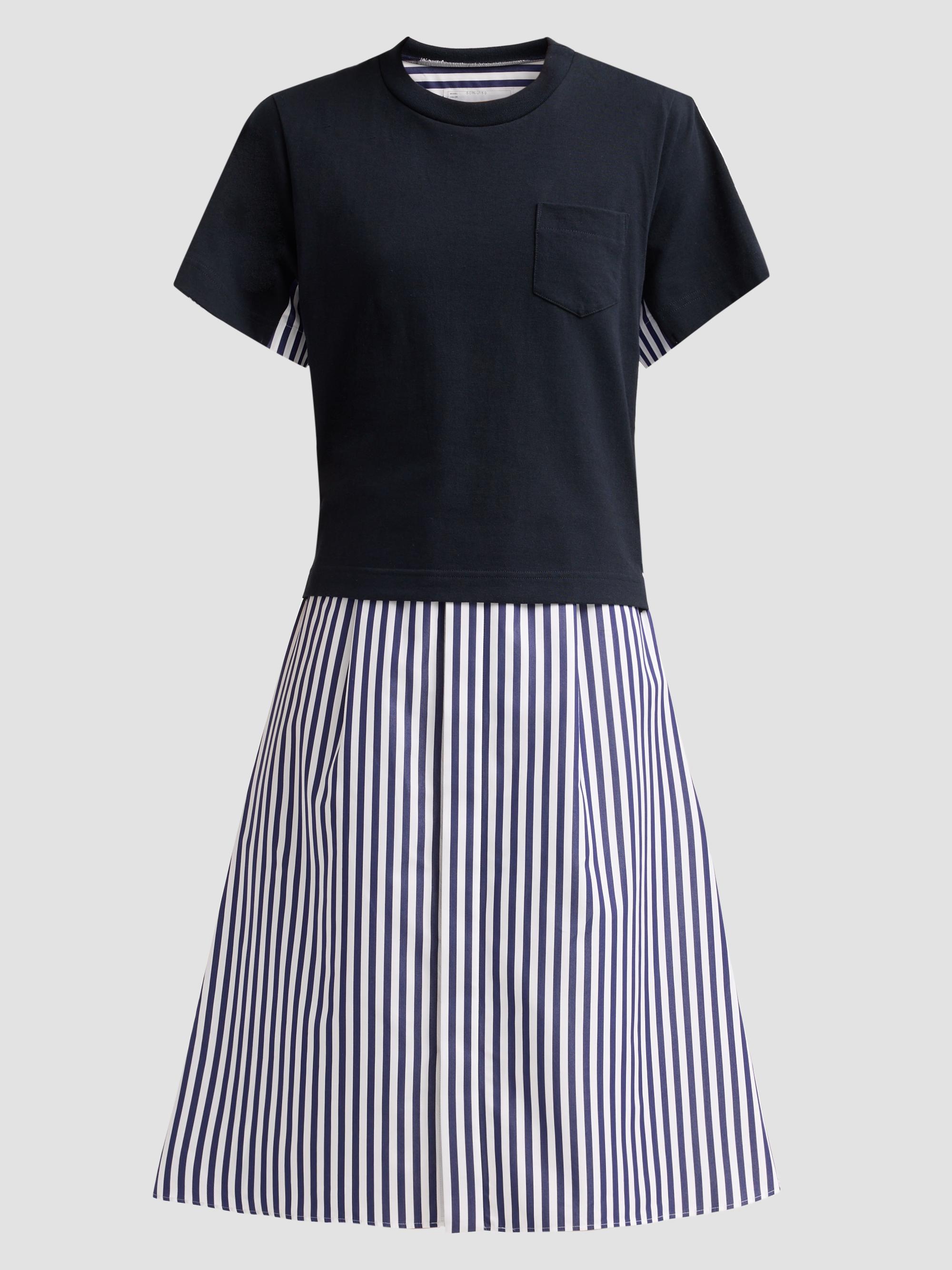 sacai Women's Cotton Poplin T-Shirt Midi Dress - Navy Stripe | Thumbnail 6