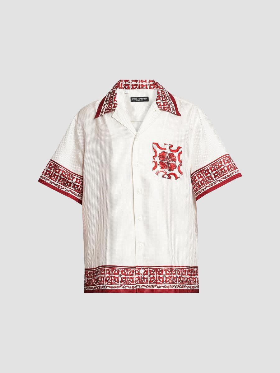 トップス dolce&gabbana short sleeve shirt white Dolce&Gabbana Printed Silk Jacquard Twill Short-Sleeve Shirt