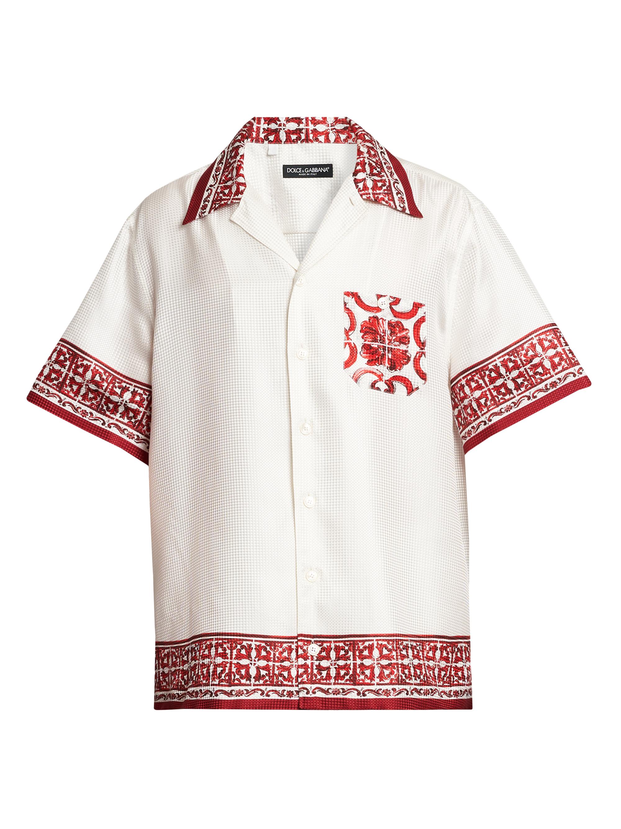 Dolce & Gabbana Men's Printed Silk Jacquard Twill Short-Sleeve Shirt - Maiolica Rubino - Men's Clothing