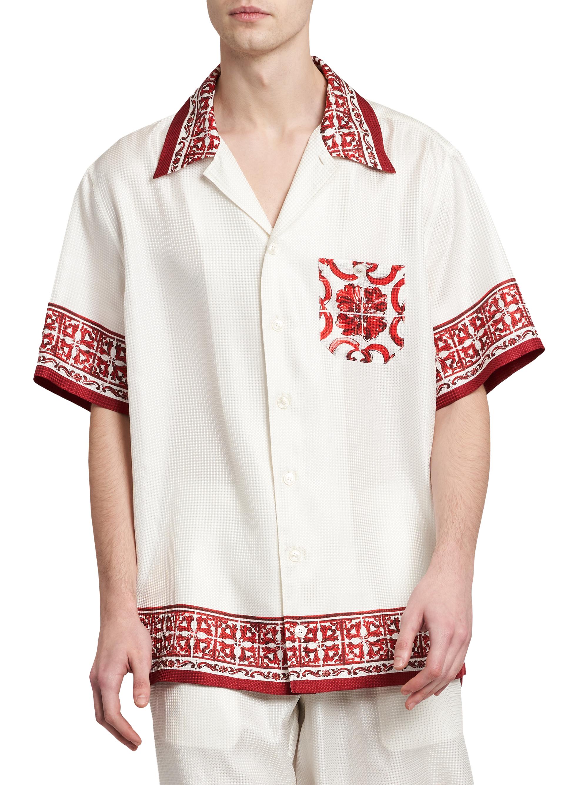 Dolce & Gabbana Men's Printed Silk Jacquard Twill Short-Sleeve Shirt - Maiolica Rubino | Thumbnail 3