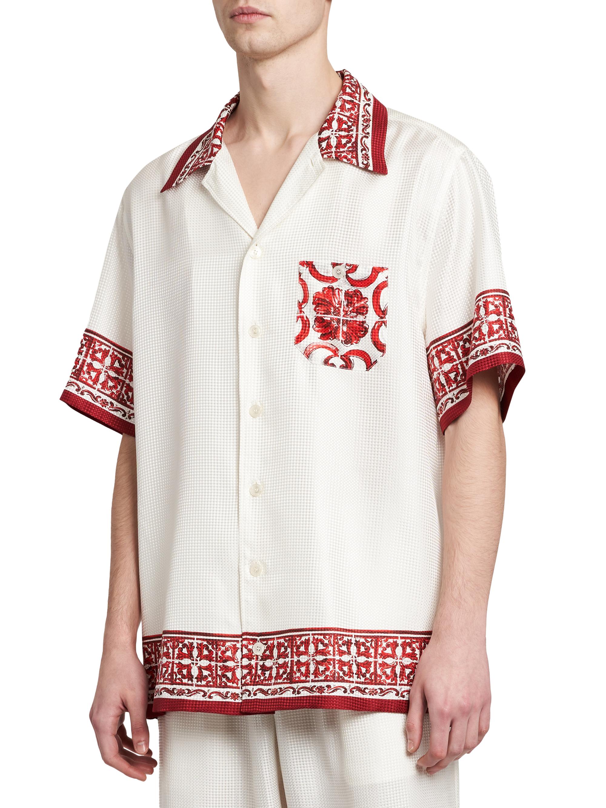 Dolce & Gabbana Men's Printed Silk Jacquard Twill Short-Sleeve Shirt - Maiolica Rubino | Thumbnail 4