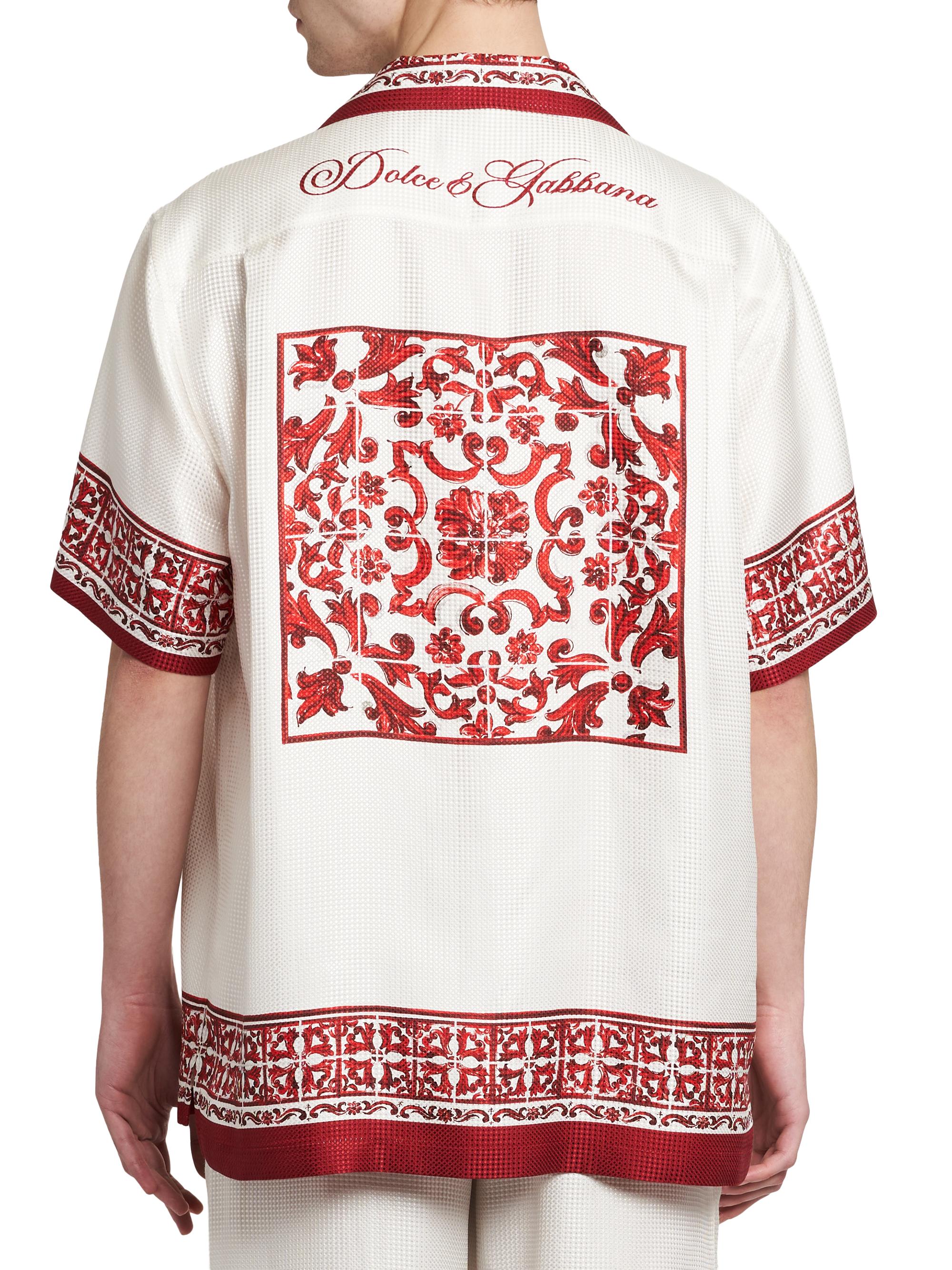 Dolce & Gabbana Men's Printed Silk Jacquard Twill Short-Sleeve Shirt - Maiolica Rubino | Thumbnail 5