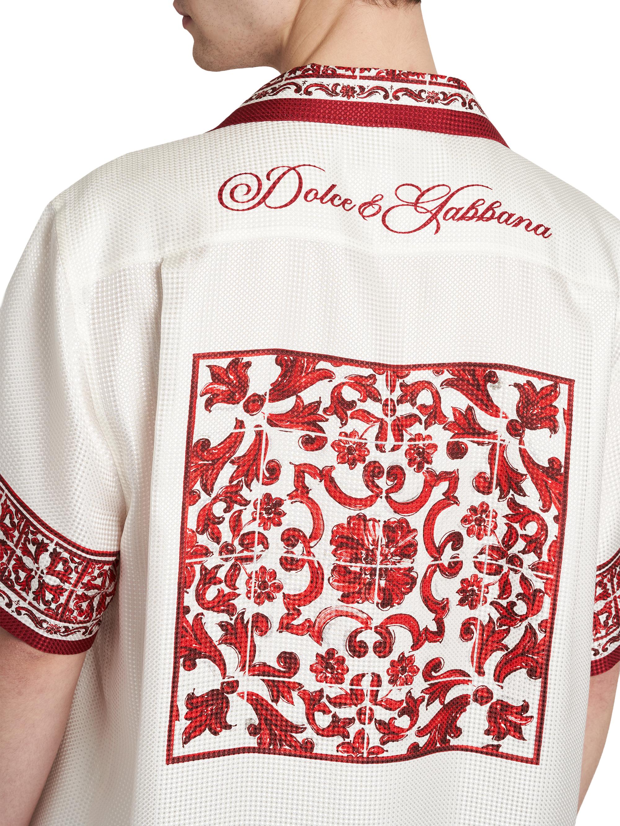 Dolce & Gabbana Men's Printed Silk Jacquard Twill Short-Sleeve Shirt - Maiolica Rubino | Thumbnail 6