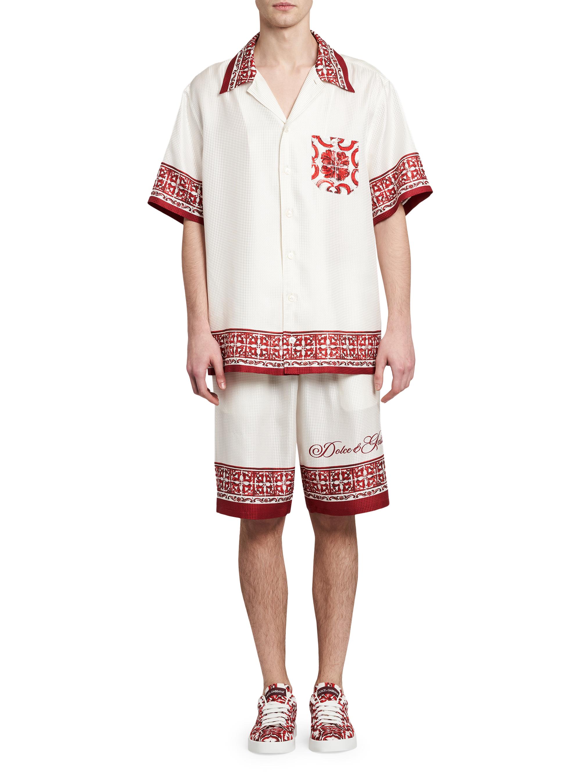 Dolce & Gabbana Men's Printed Silk Jacquard Twill Short-Sleeve Shirt - Maiolica Rubino | Thumbnail 2