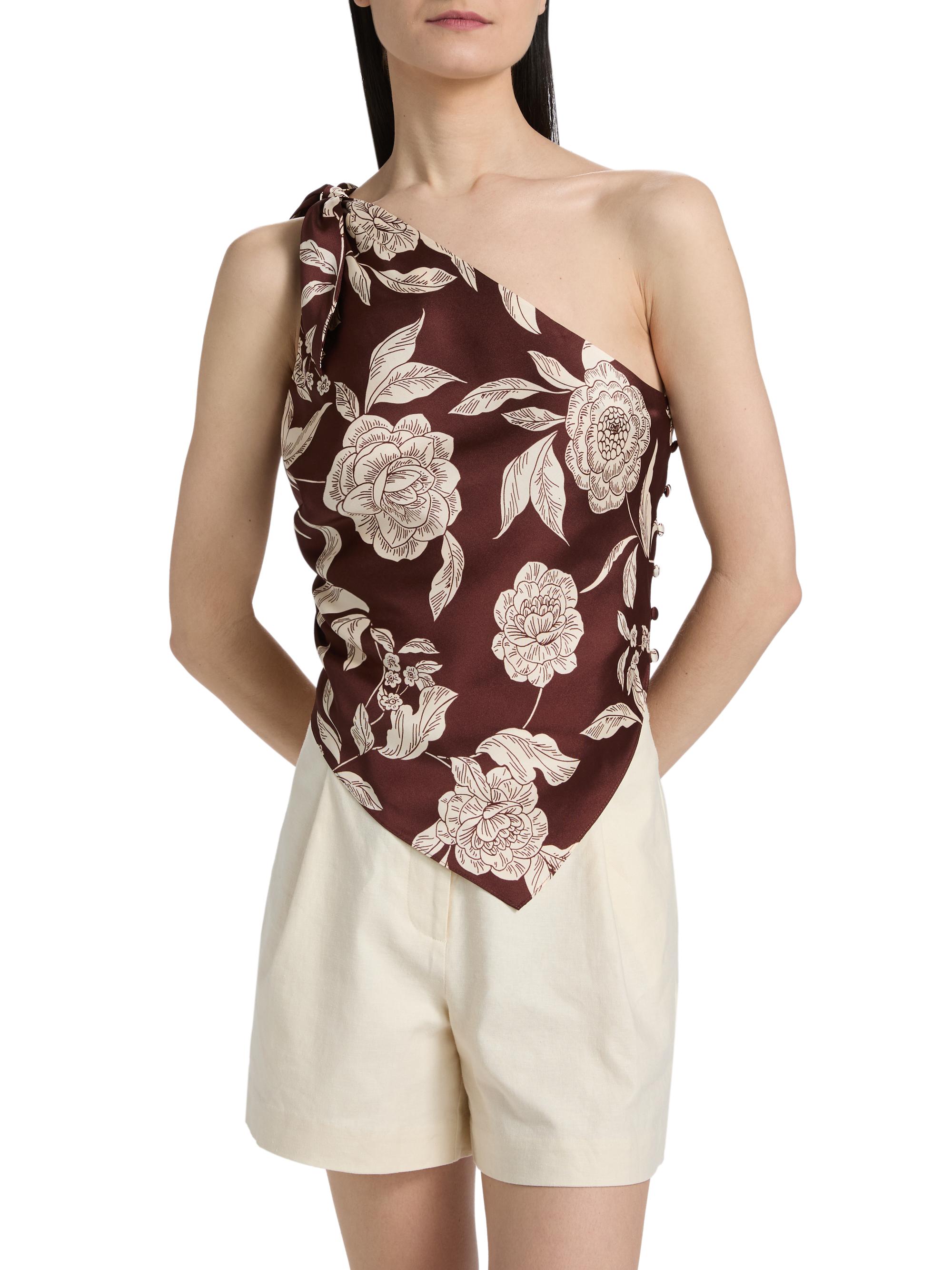 Tanya Taylor Women's Brigid Printed Satin One-Shoulder Top - Deep Redwood Multi | Thumbnail 3