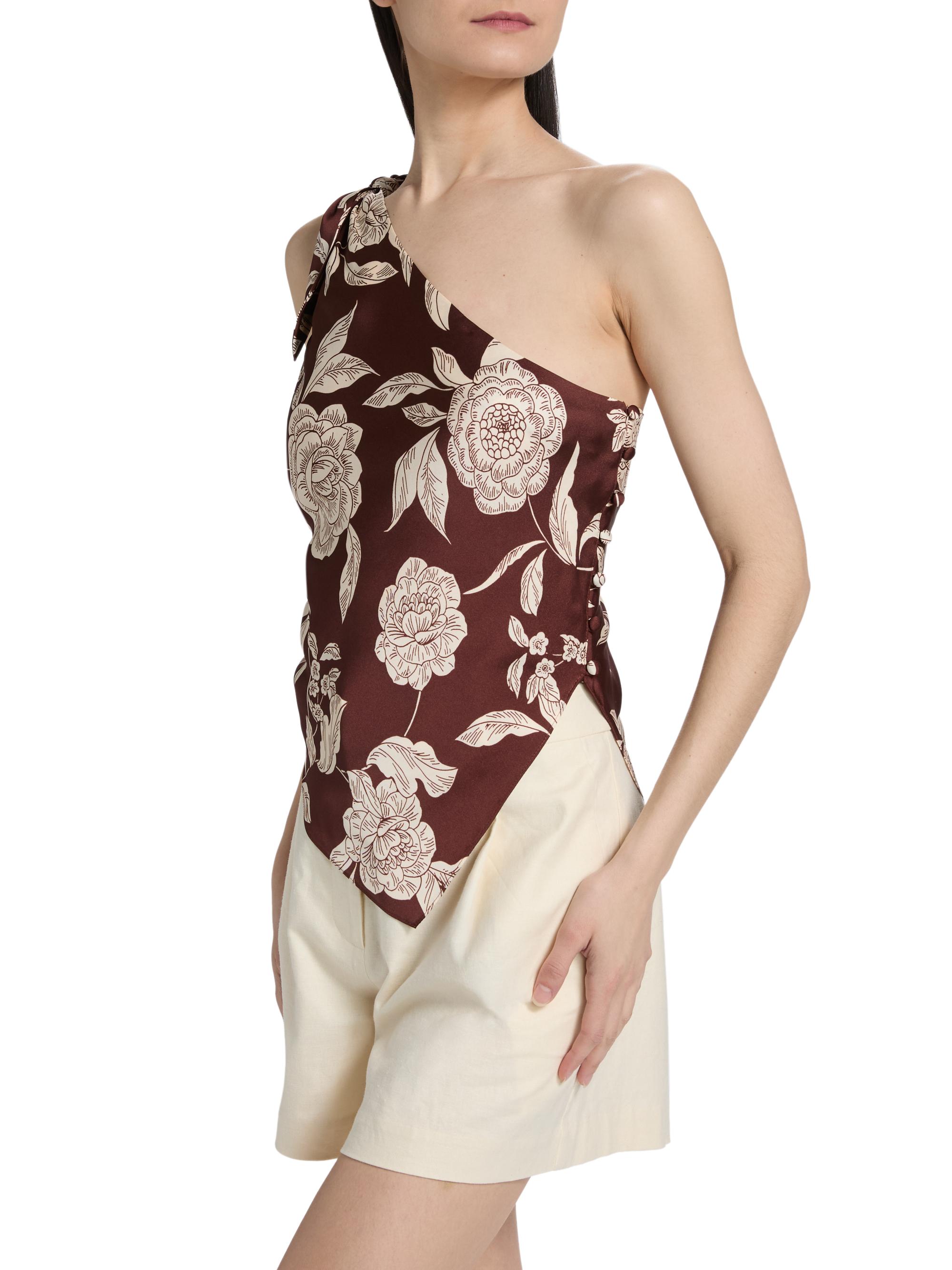 Tanya Taylor Women's Brigid Printed Satin One-Shoulder Top - Deep Redwood Multi | Thumbnail 4