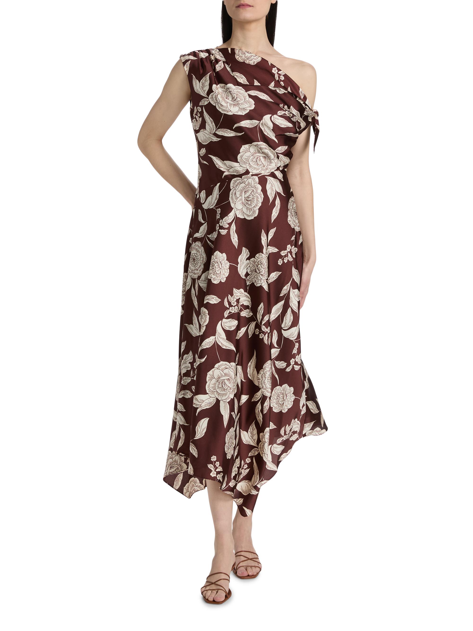 Tanya Taylor Women's Loretta Floral Satin One-Shoulder Midi-Dress - Deep Redwood Multi | Thumbnail 3