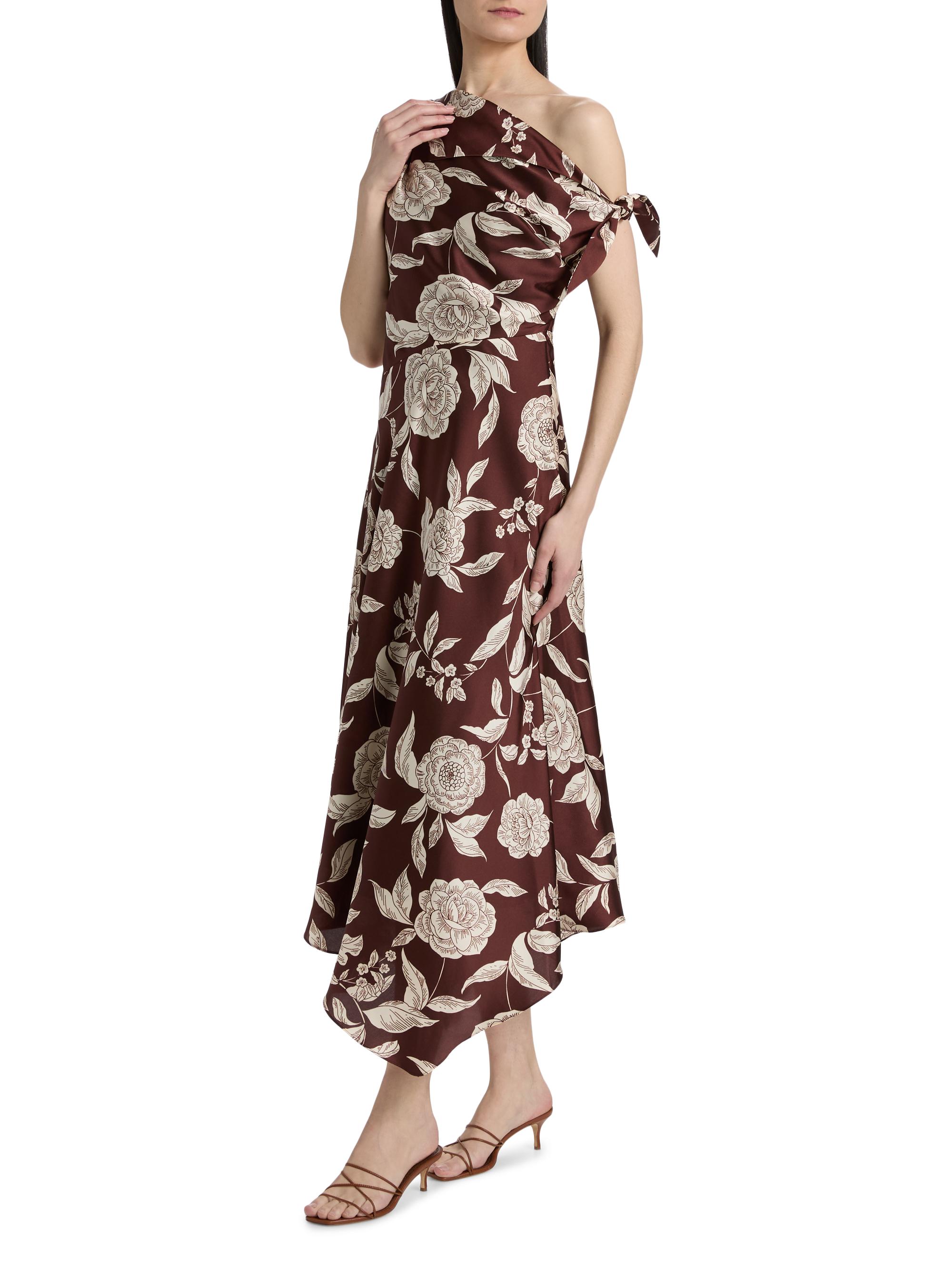 Tanya Taylor Women's Loretta Floral Satin One-Shoulder Midi-Dress - Deep Redwood Multi | Thumbnail 4