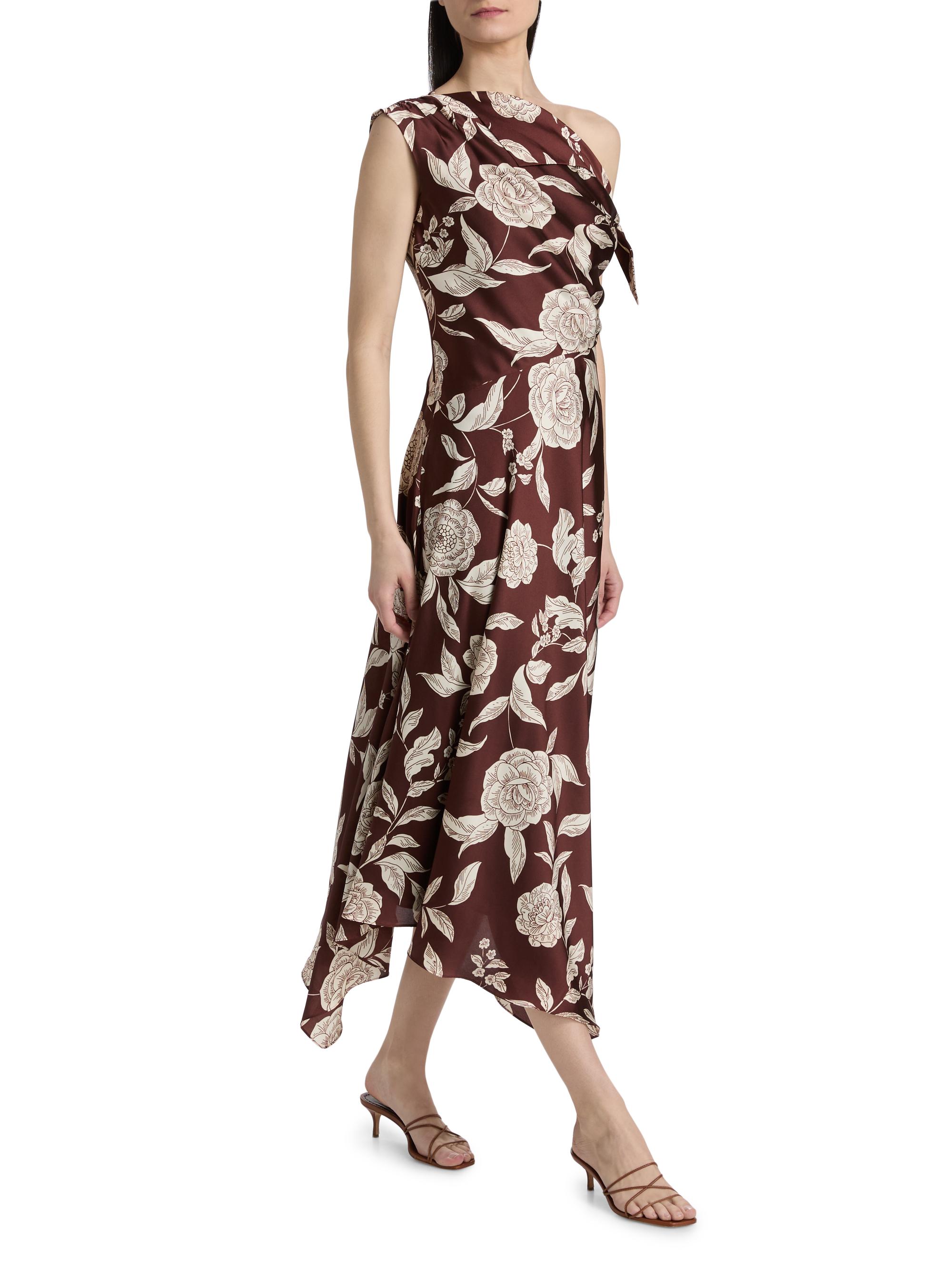 Tanya Taylor Women's Loretta Floral Satin One-Shoulder Midi-Dress - Deep Redwood Multi | Thumbnail 2