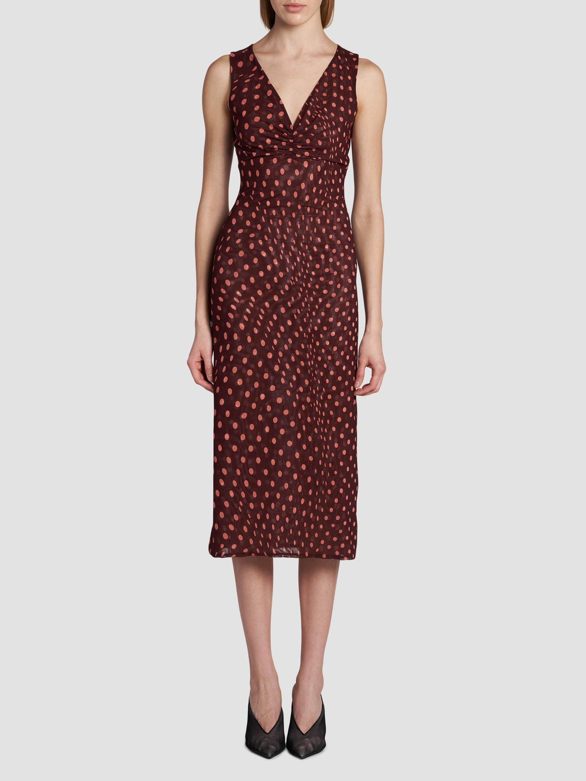 Polka-Dot Mesh V-Neck Midi Dress