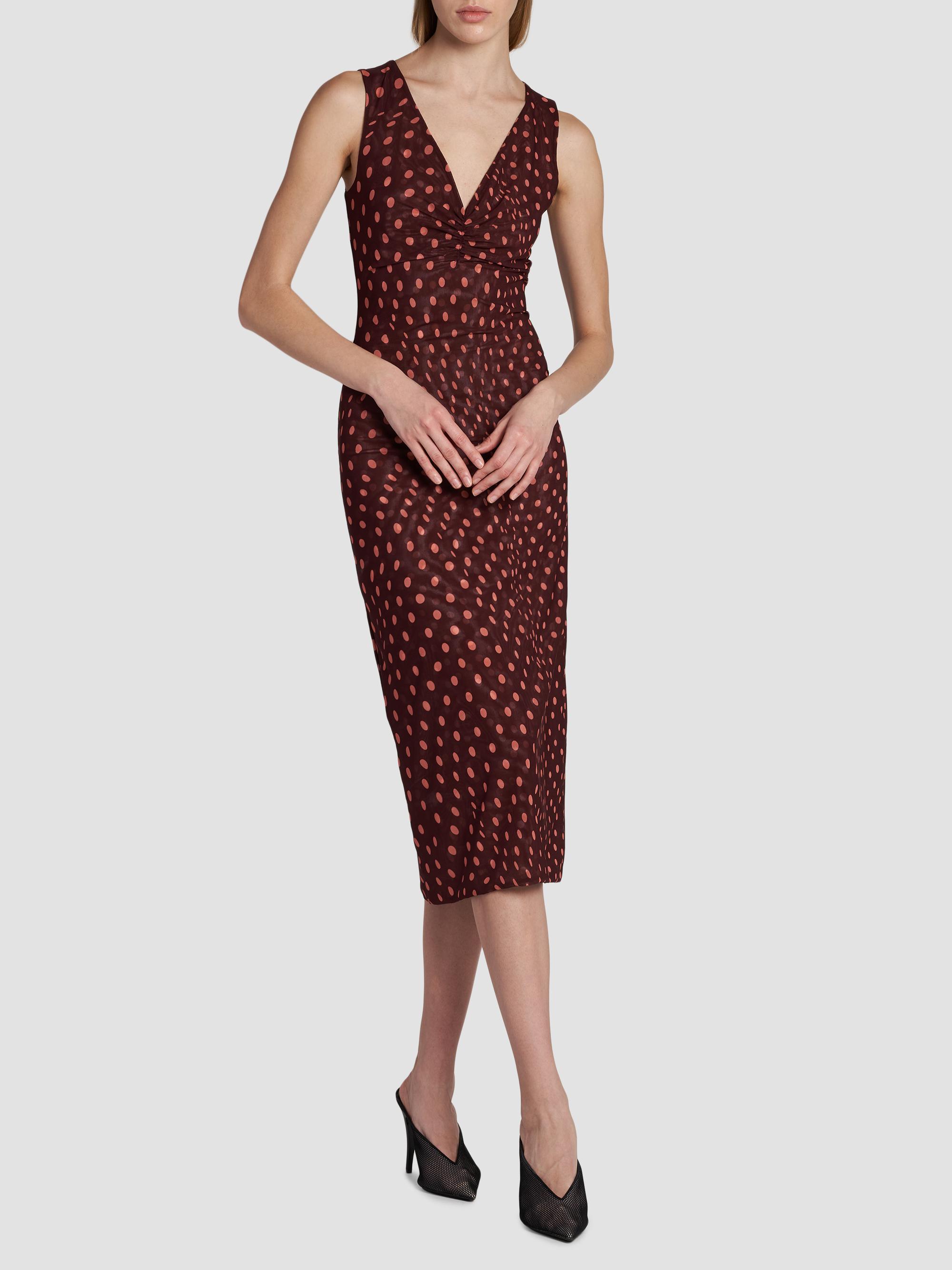 Polka-Dot Mesh V-Neck Midi Dress