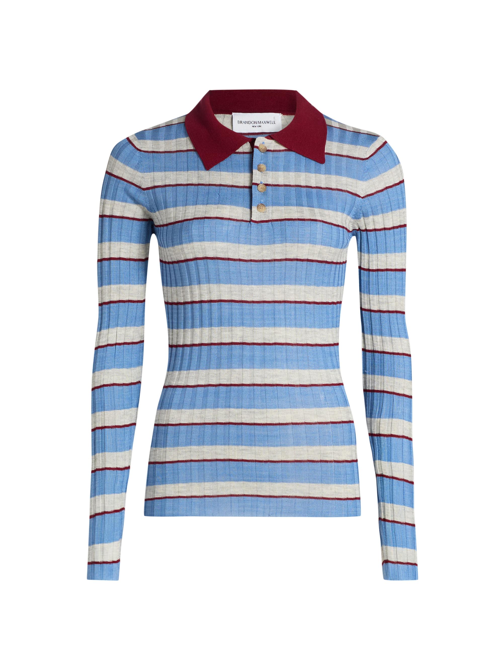 Brandon Maxwell Women's The Joni Knit Polo Top - Blue Stripe | Thumbnail 8