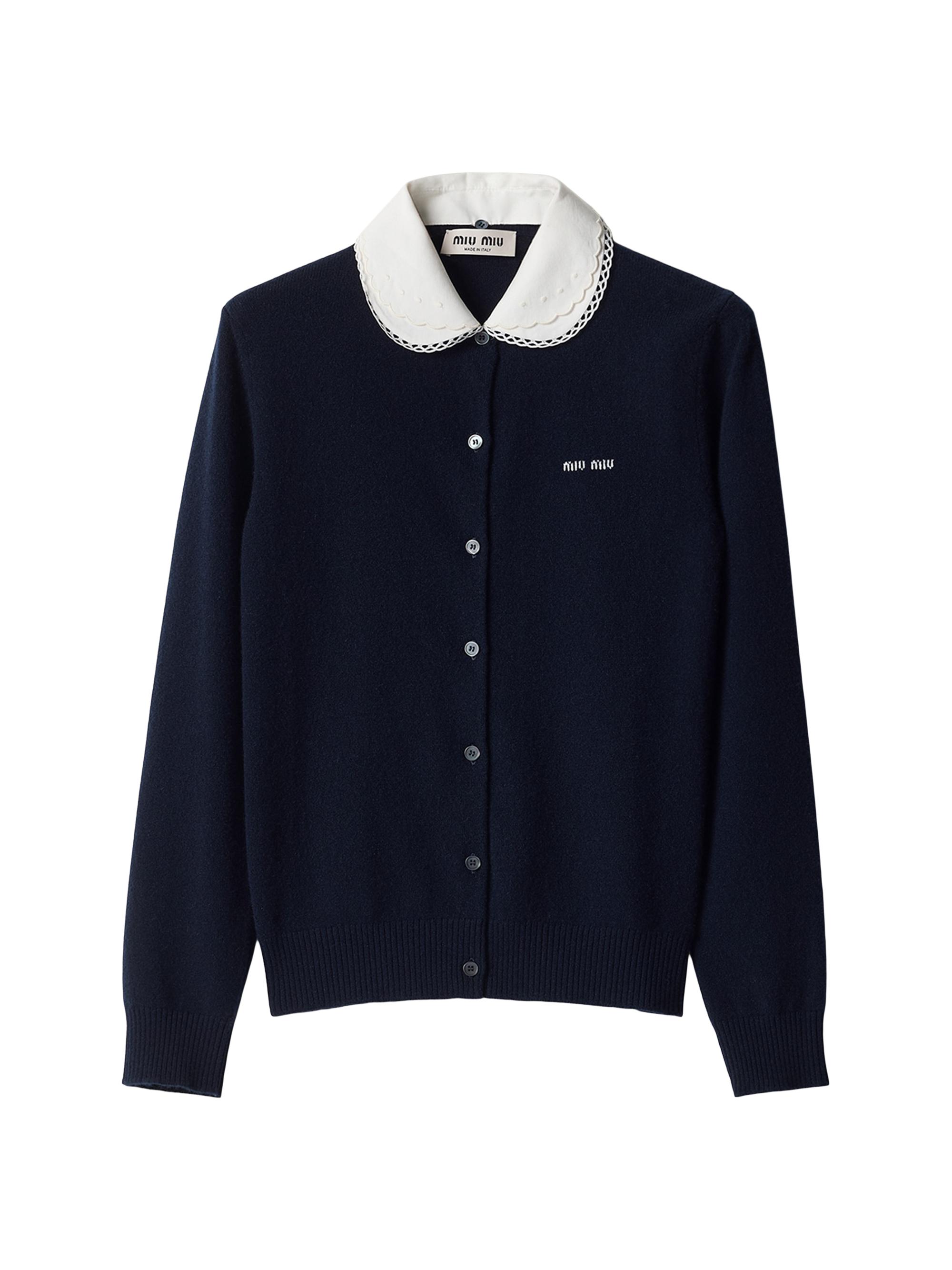 miu miu ネイビー セーラー襟カーディガン Miu Miu Cashmere Cardigan with Embroidered Poplin Collar | Saks