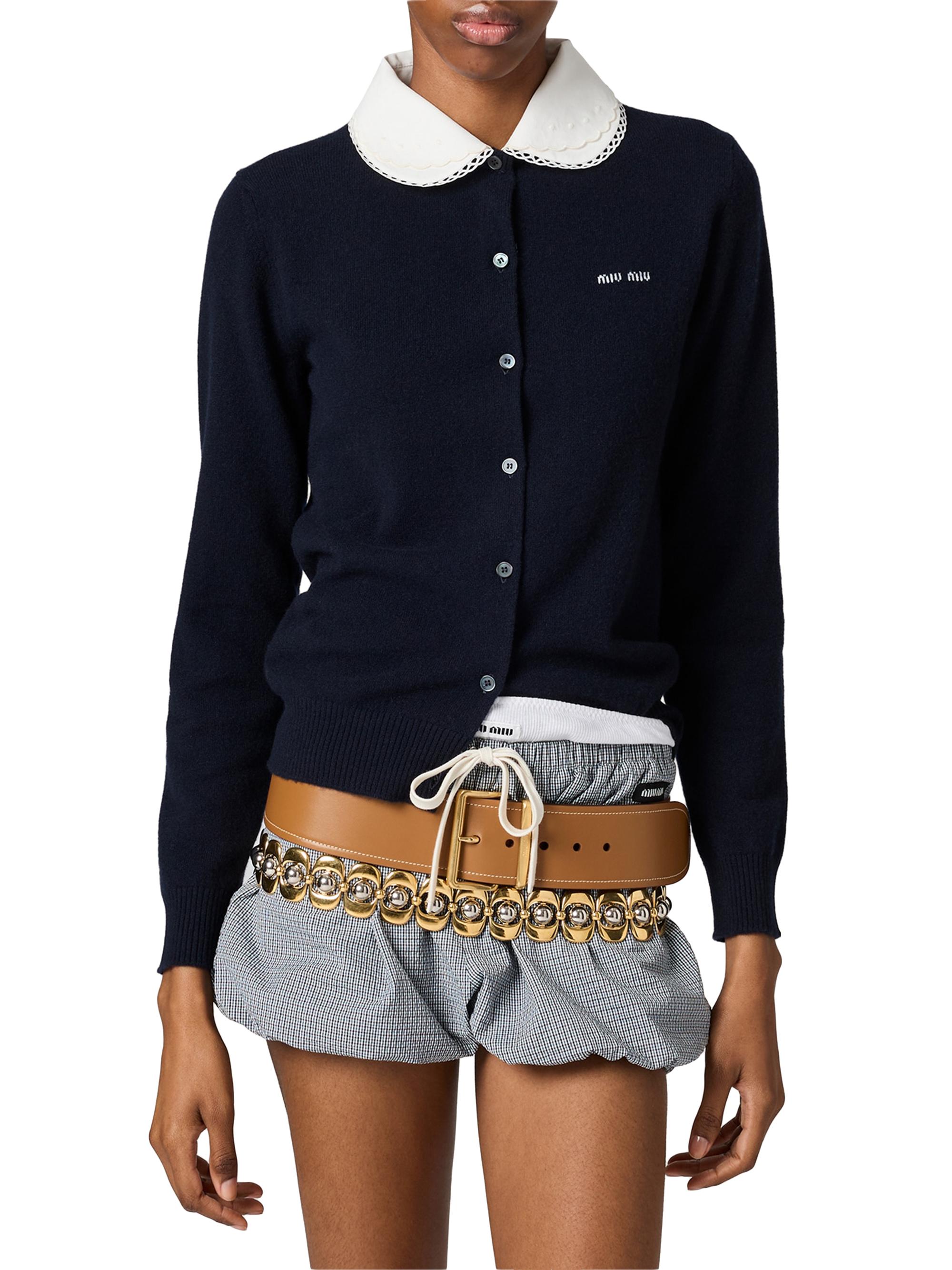 Miu Miu Cashmere Cardigan with Embroidered Poplin Collar | Saks
