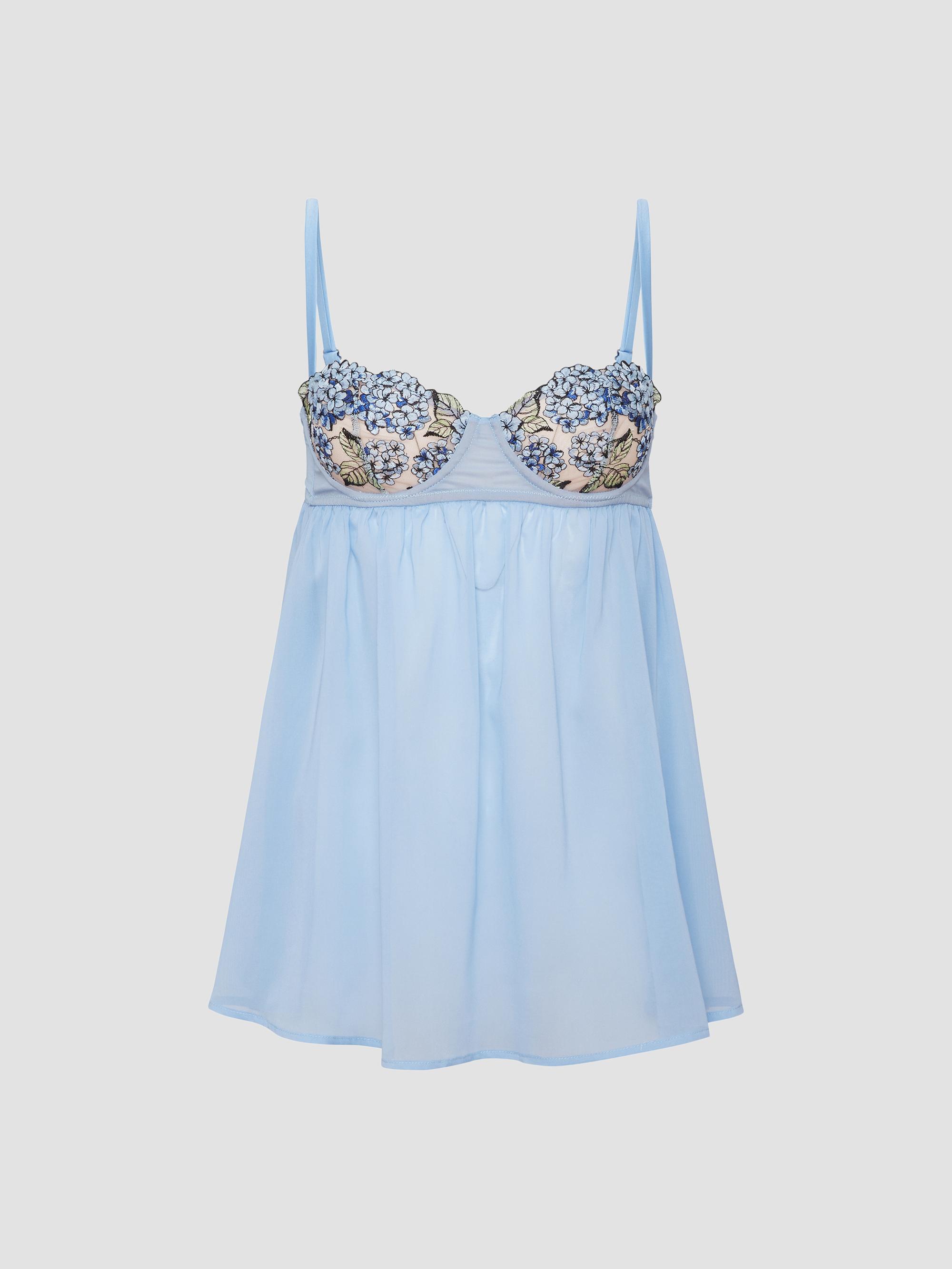 Fleur du Mal Women's Hydrangea Embroidery Cupped Babydoll Nightgown - Petal Blue - Size Small