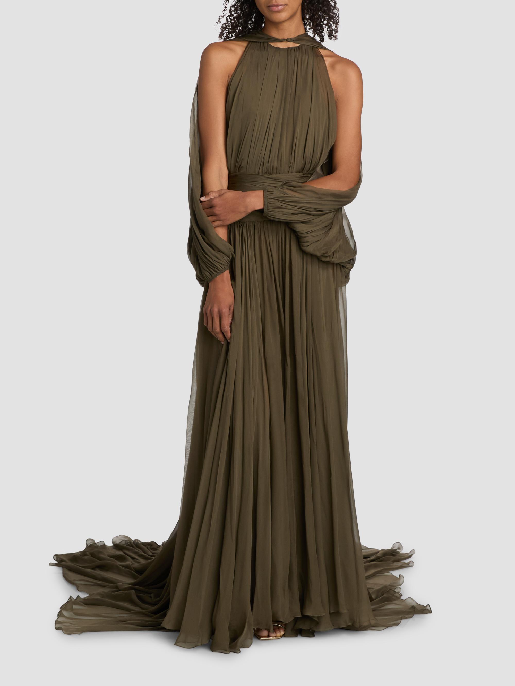 Oscar de la Renta Women's Open-Sleeve Silk Chiffon Capelet & Gown - Truffle | Thumbnail 3