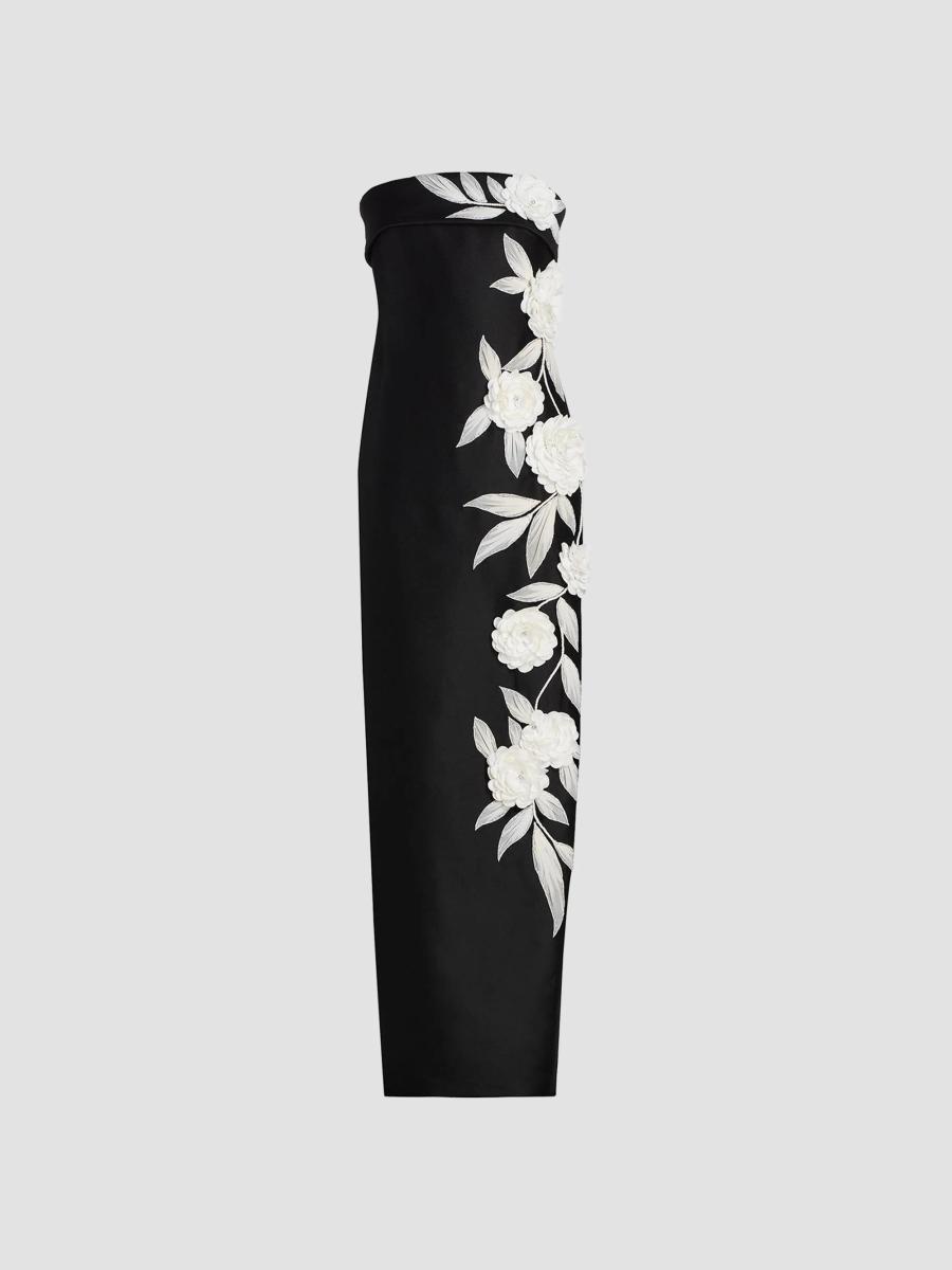 Badgley Mischka Floral-Embroidered Stretch Mikado Column Gown