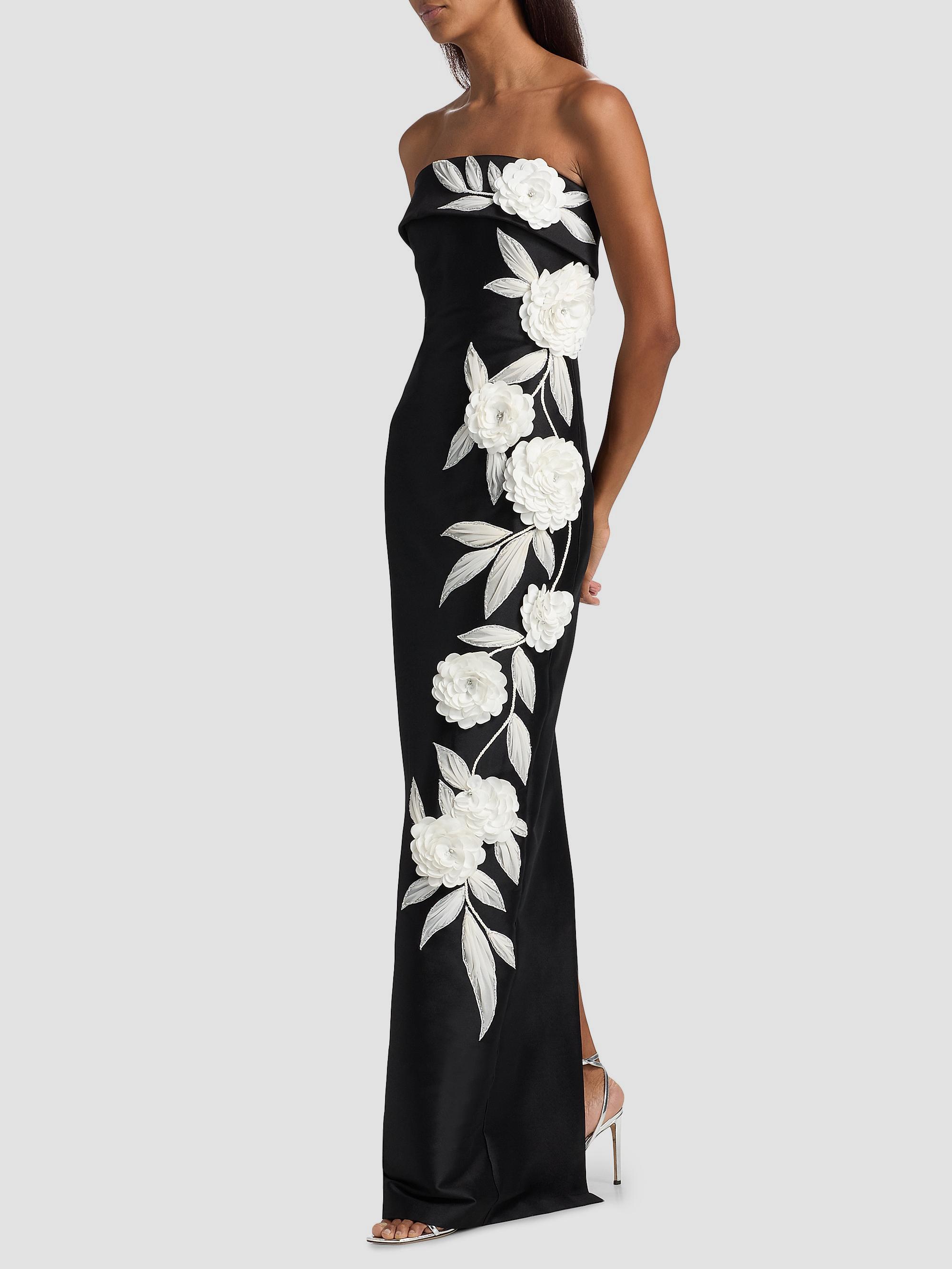Floral-Embroidered Stretch Mikado Column Gown